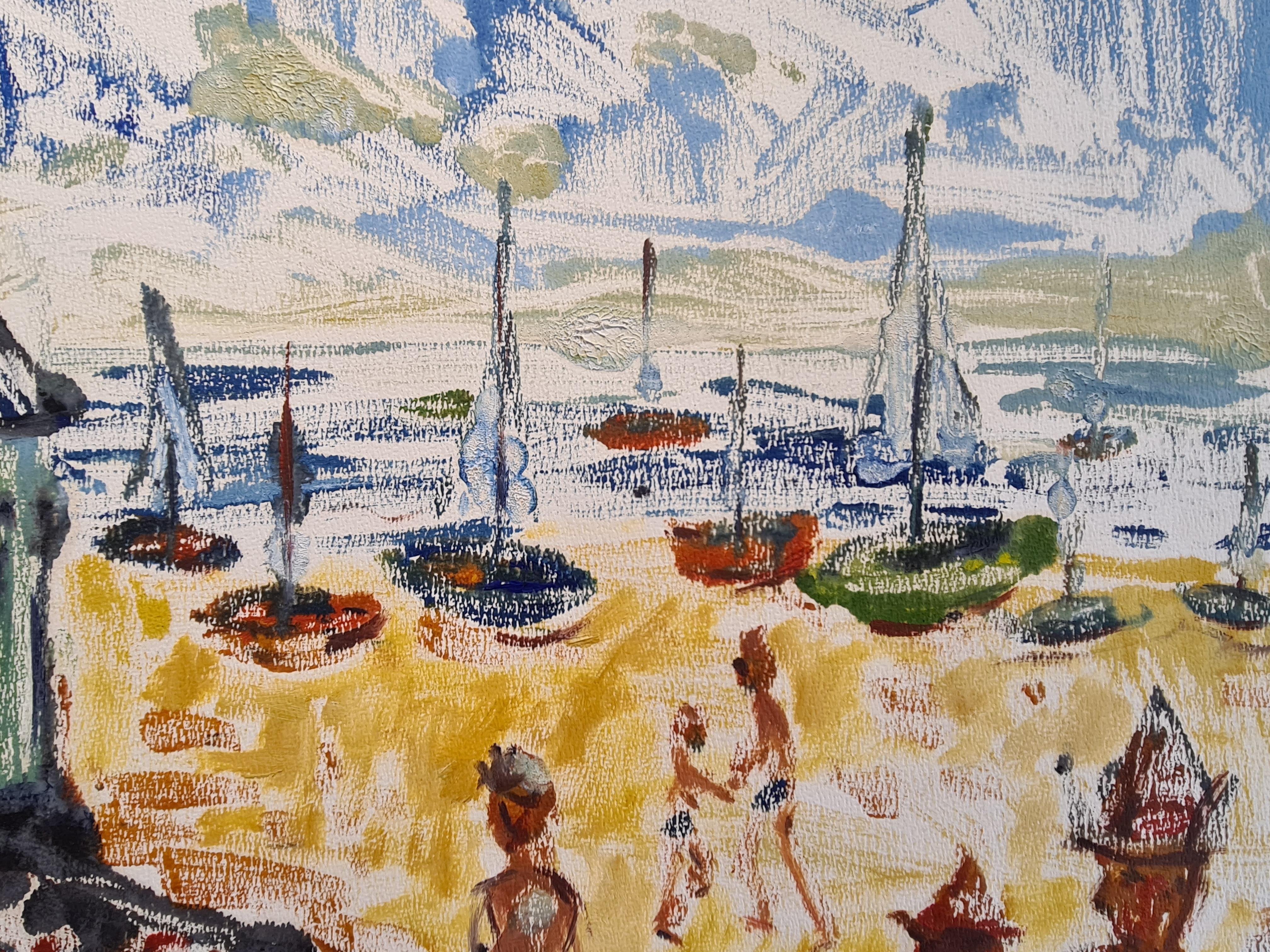 French 1970's still life gouache on paper painted on the Cote d'Azur, South of France by Belgian artist André Pierard. Colourful representation of sailing boats and a beach scene, in custom wood frame.

André Pierard had a second home near Cotignac
