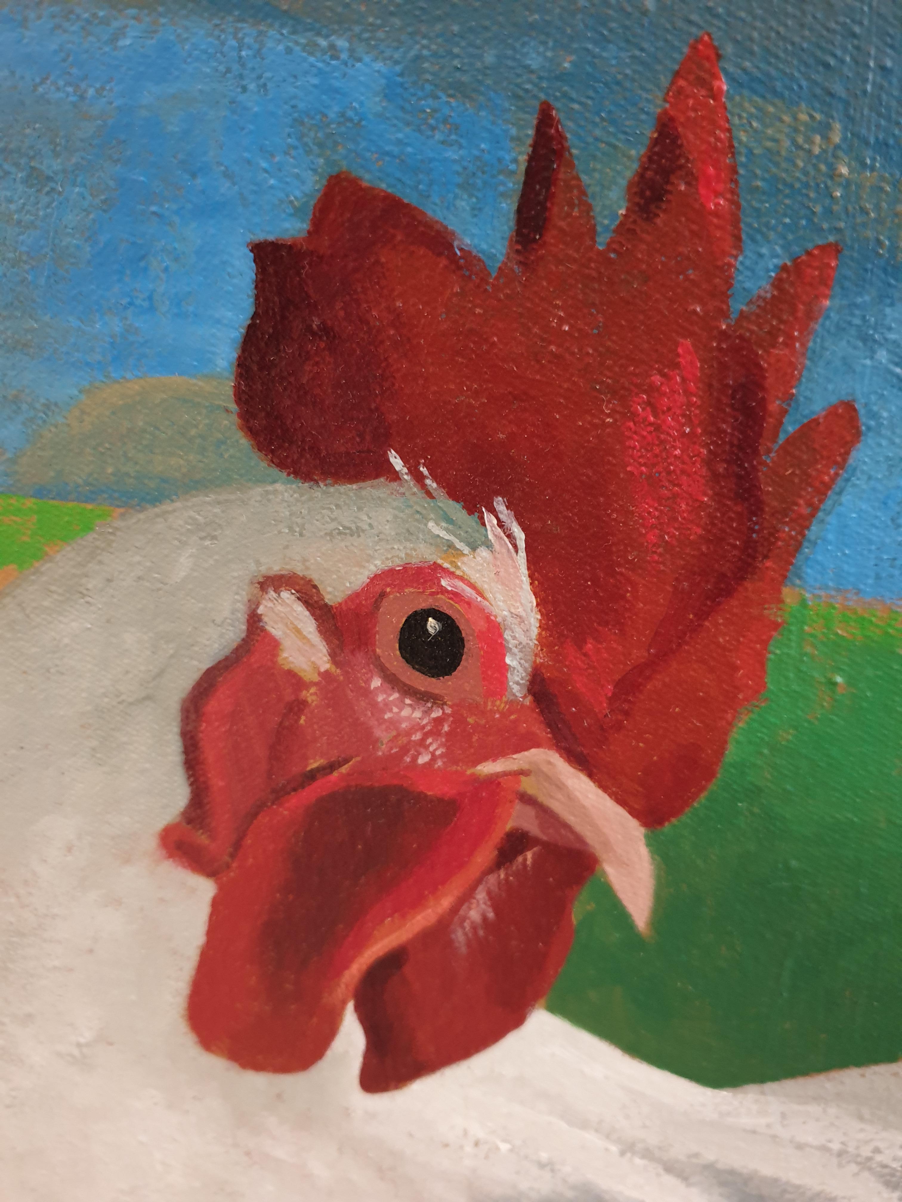 Hello Hen ! Large Surrealist Contemporary Oil on Canvas. For Sale 1