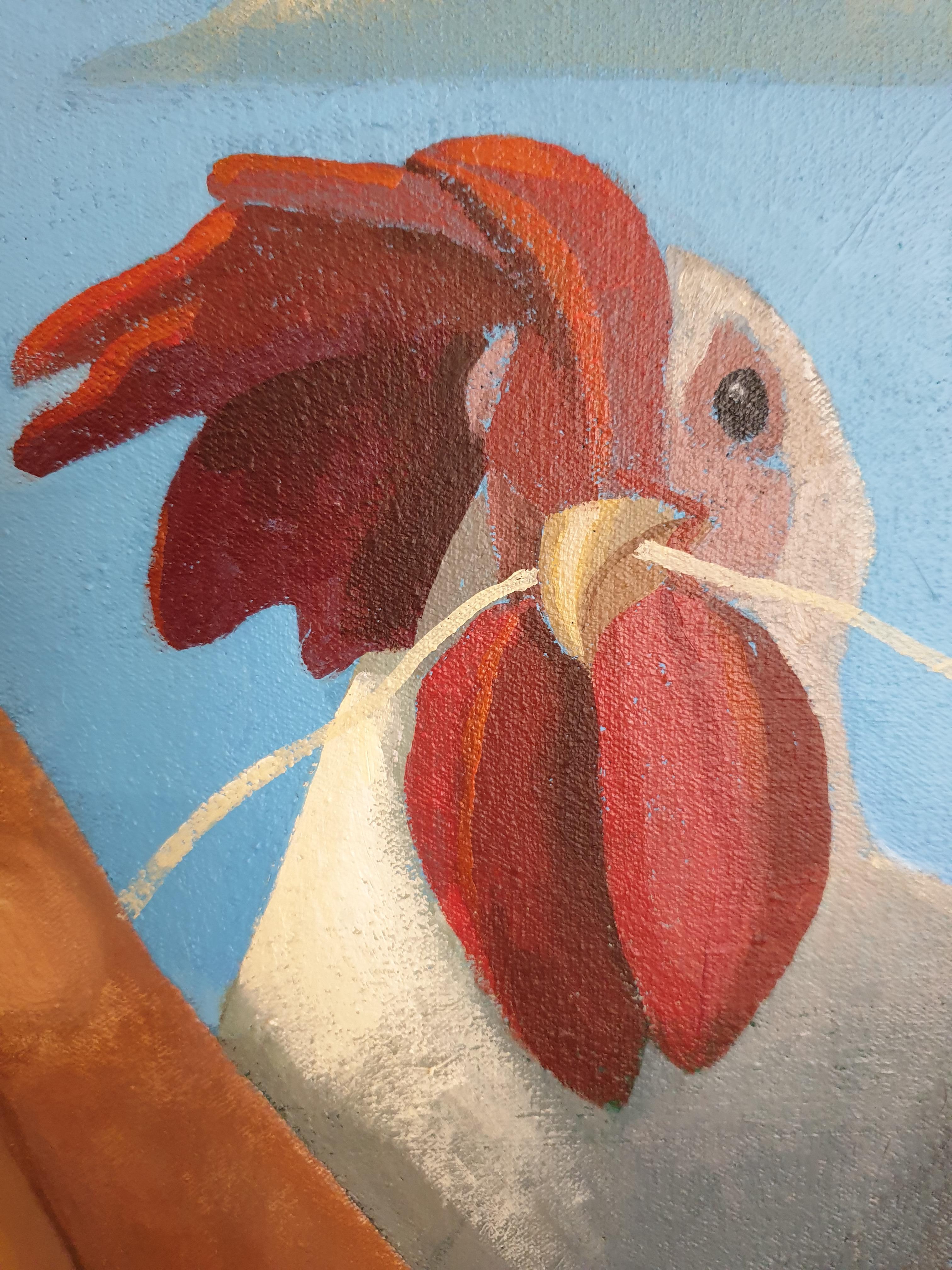 Hello Hen ! Large Surrealist Contemporary Oil on Canvas. For Sale 2