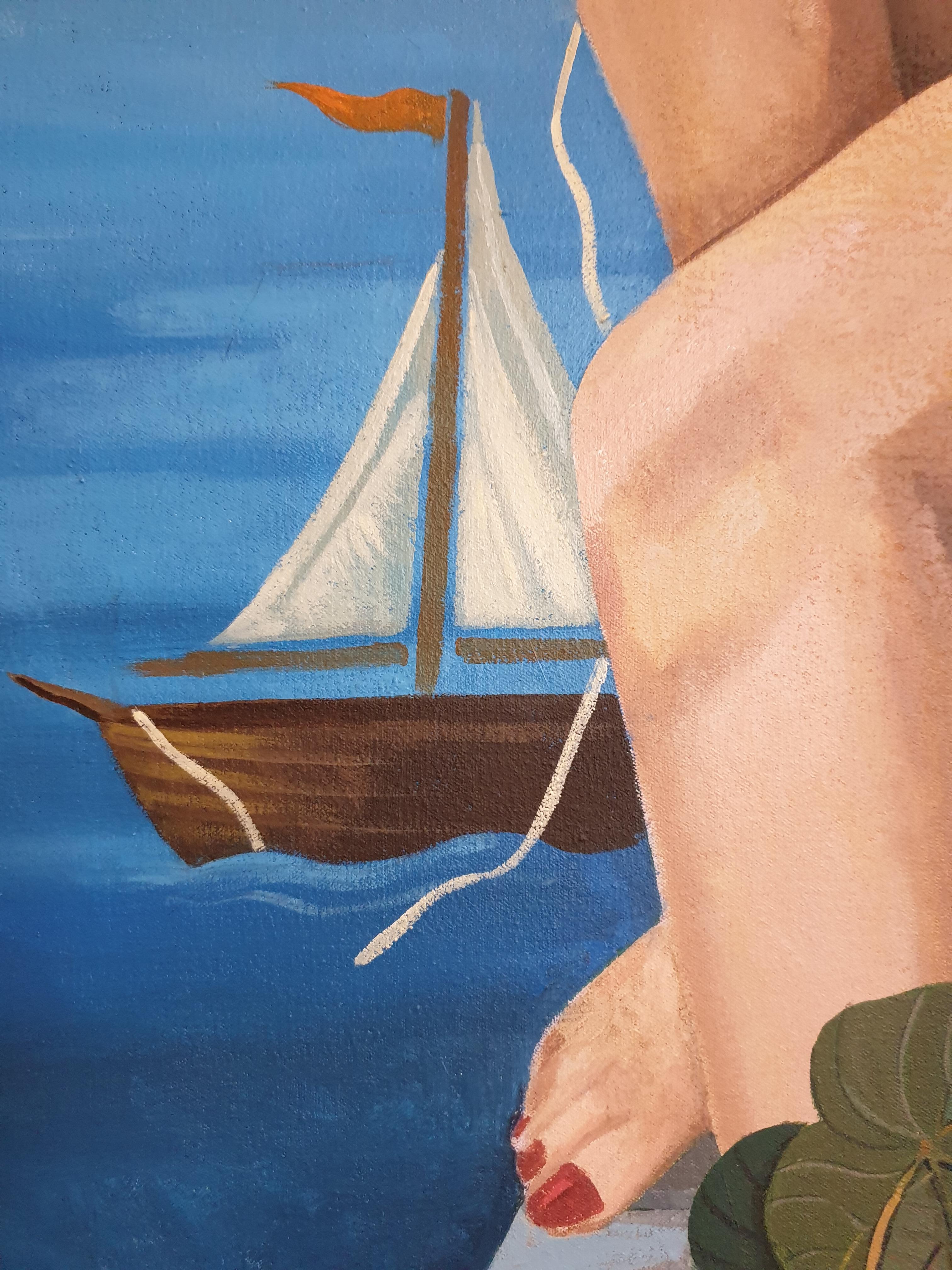 Bonjour Hen ! Grande huile sur toile contemporaine surréaliste. en vente 4