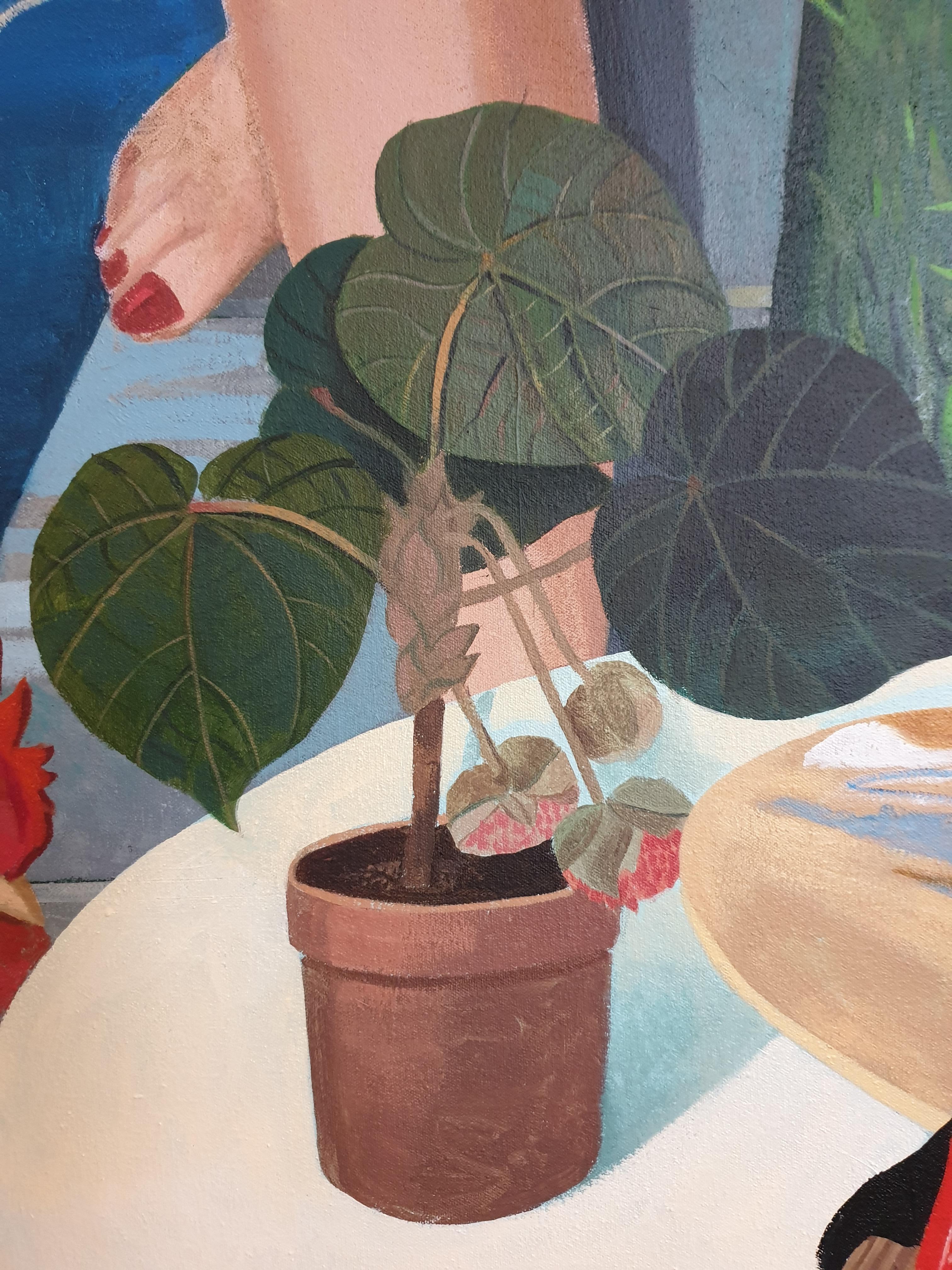 Bonjour Hen ! Grande huile sur toile contemporaine surréaliste. en vente 5