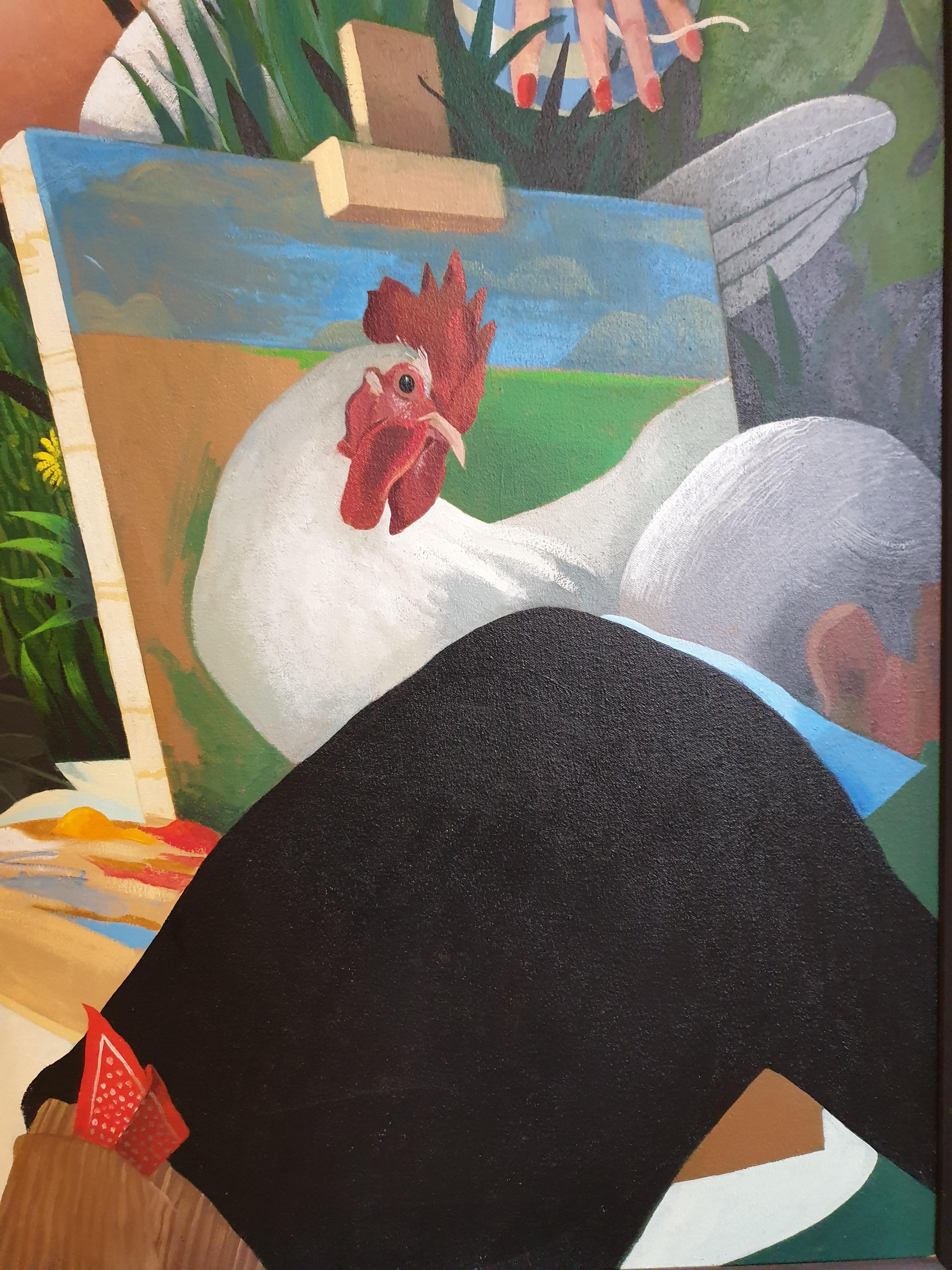Bonjour Hen ! Grande huile sur toile contemporaine surréaliste. en vente 6