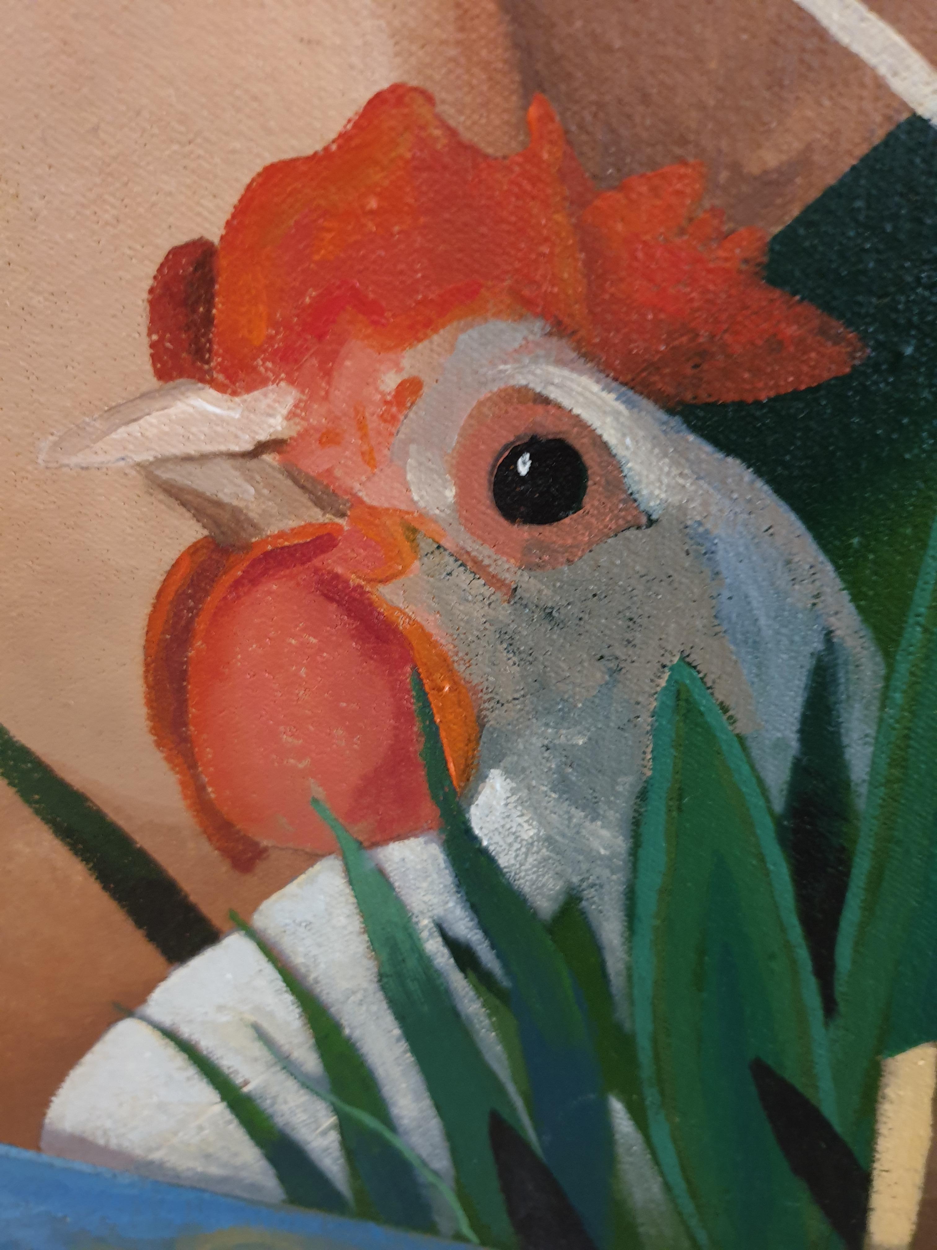 Hello Hen ! Large Surrealist Contemporary Oil on Canvas. For Sale 8