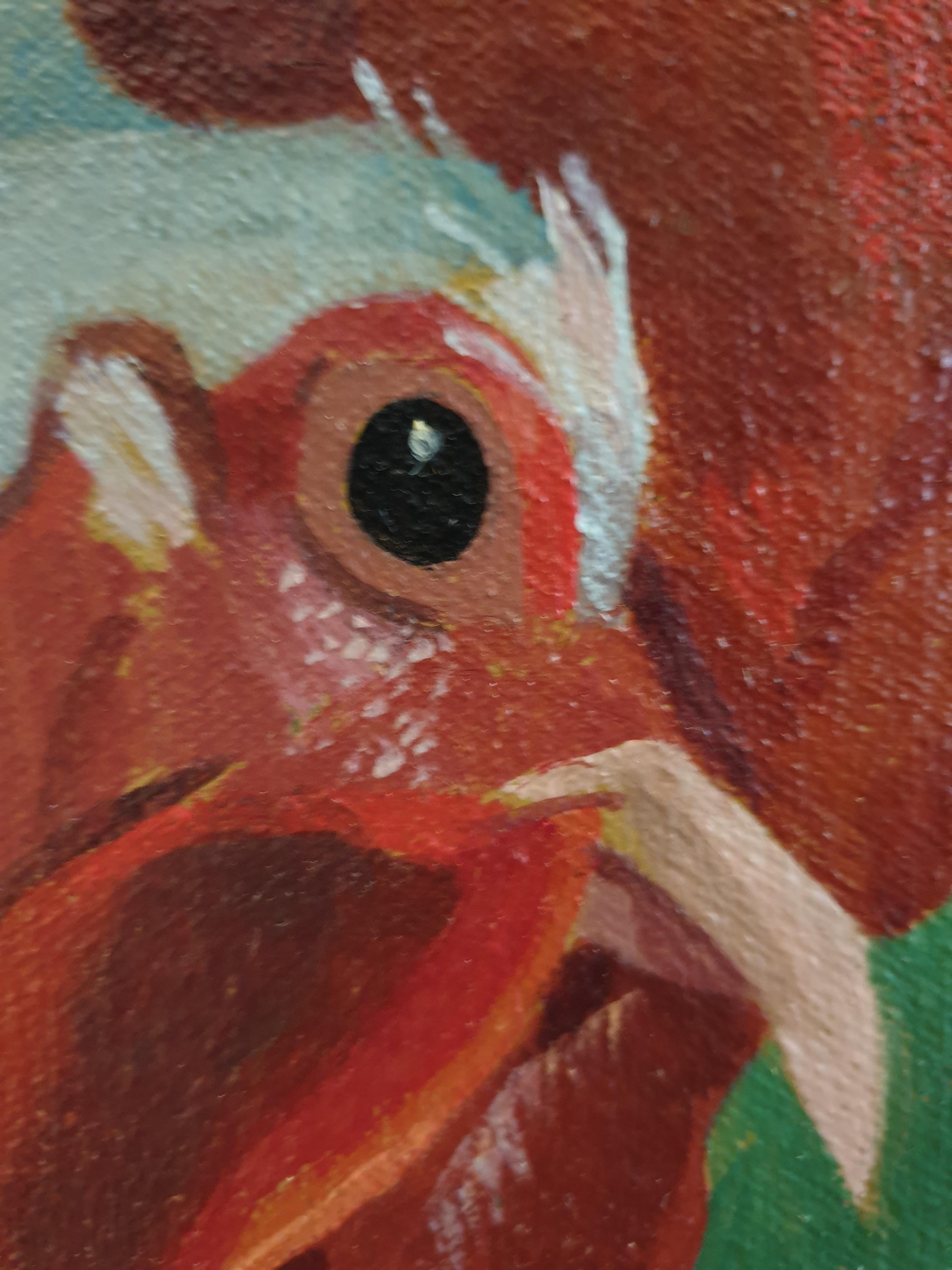 Bonjour Hen ! Grande huile sur toile contemporaine surréaliste. en vente 11