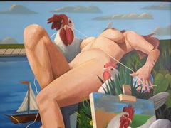 Ciao Hen! Grande olio contemporaneo surrealista su tela.