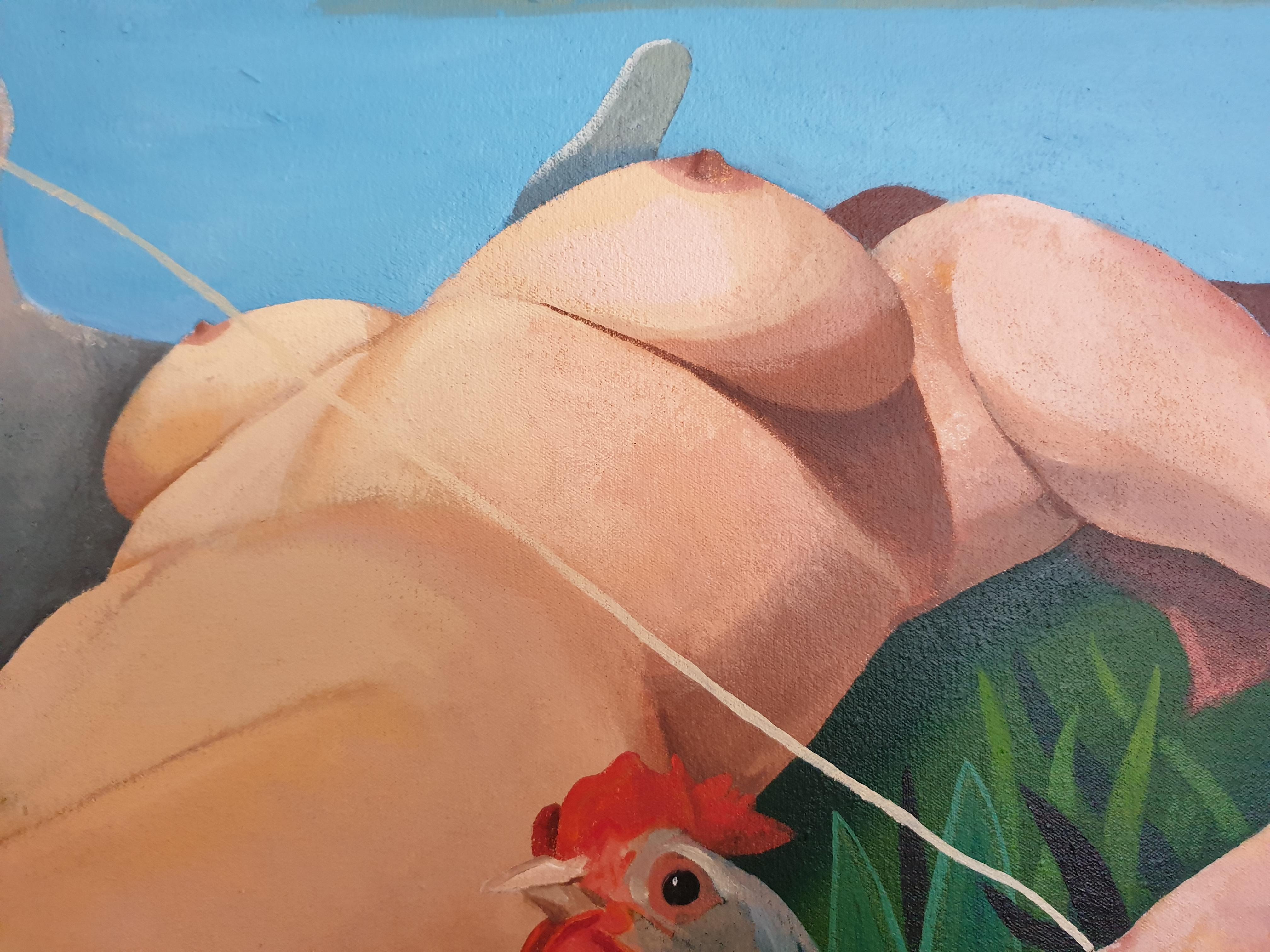 Hello Hen! Großes surrealistisches Contemporary Öl auf Leinwand. (Surrealismus), Painting, von Frank Docherty