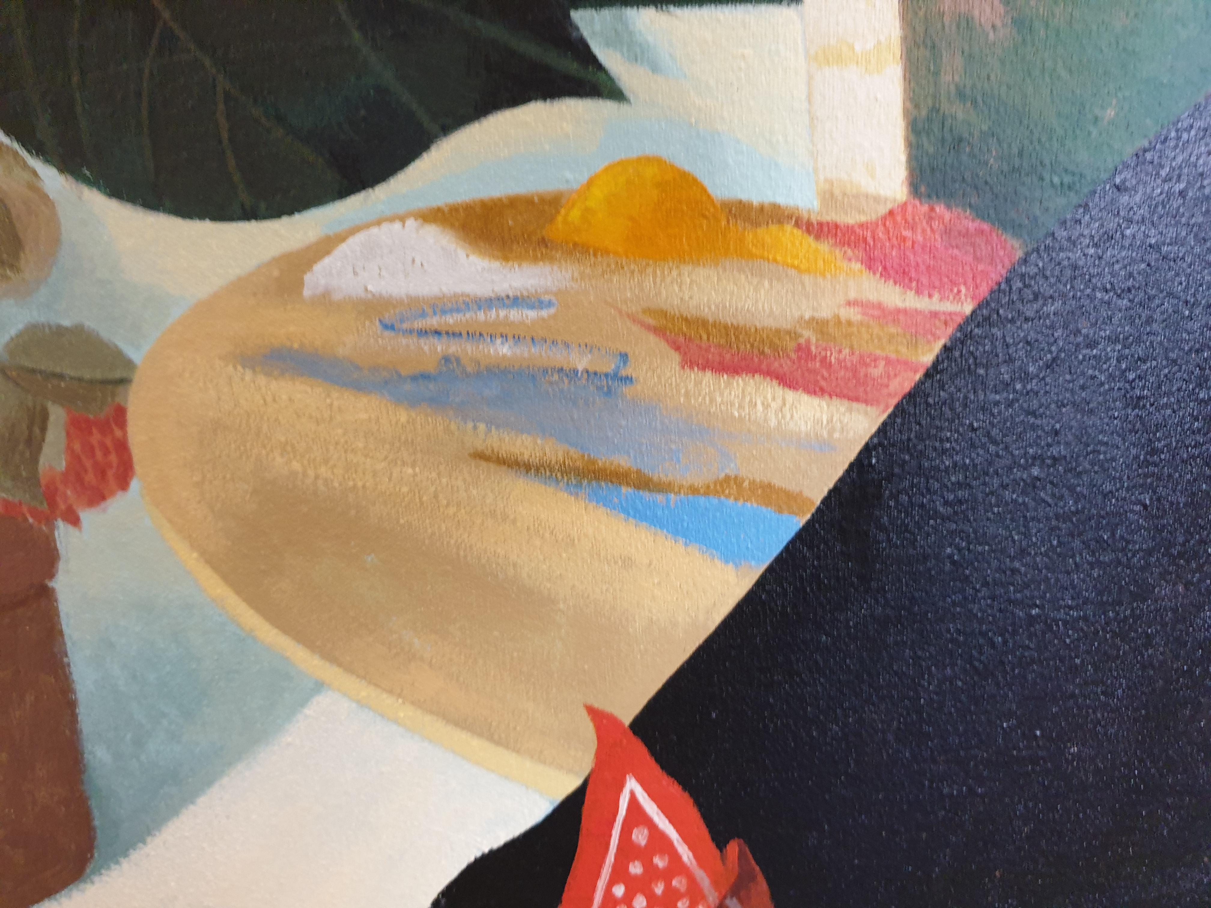 Bonjour Hen ! Grande huile sur toile contemporaine surréaliste. en vente 7