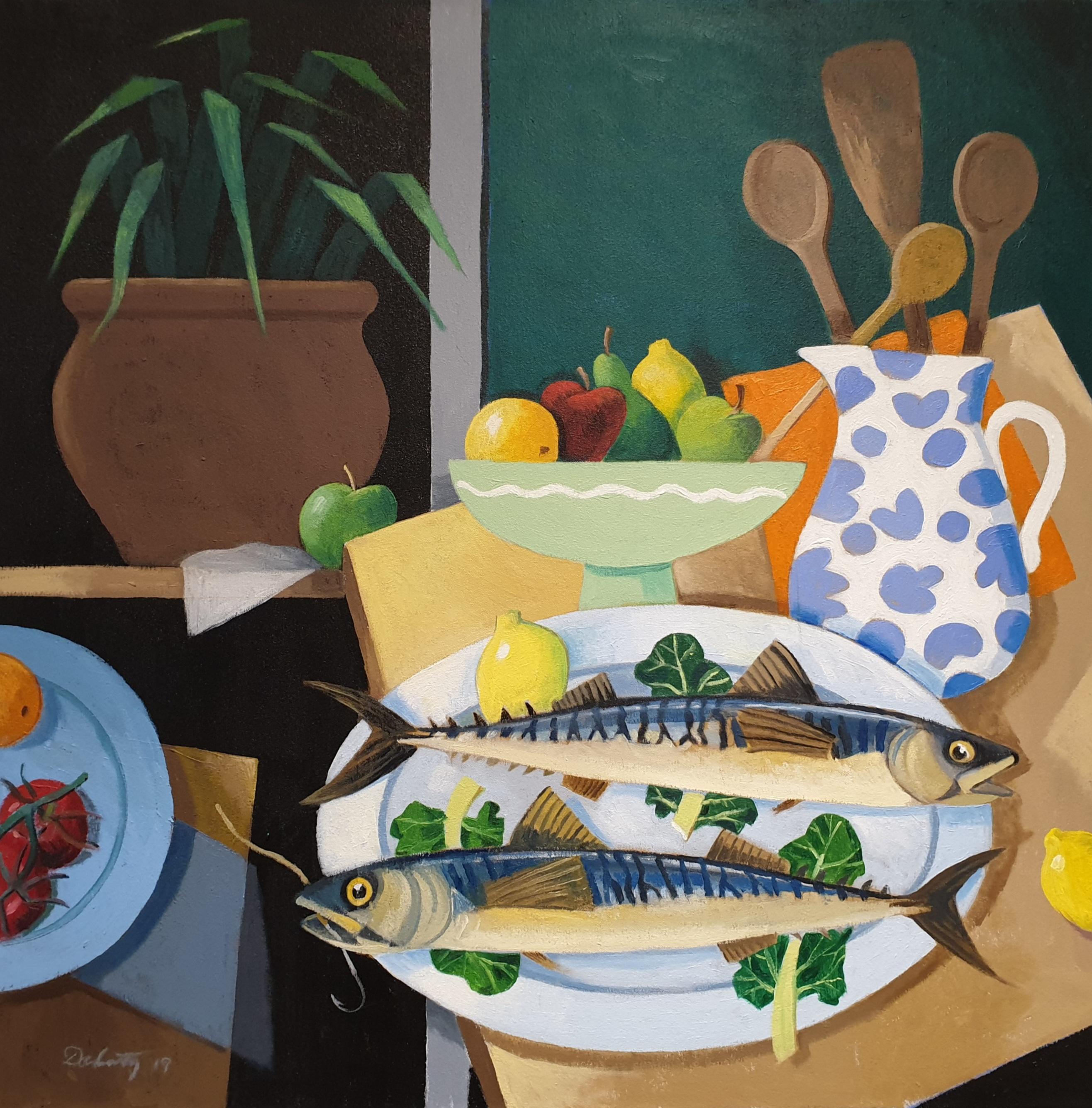 Frank Docherty Interior Painting - Mackerel Supper. Surrealist Contemporary Oil on Canvas.