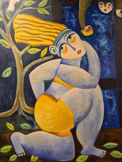 Apples, Hommage to Rousseau, Large, Square, Naive Oil on Canvas.