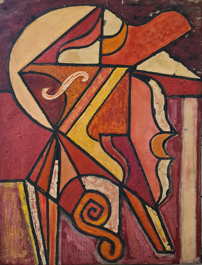 Pierre Roux Abstract Painting - Cubist Abstract Mid-Century Oil on Canvas.