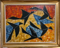 Hommage to Braque, 'Oiseaux' Birds in Flight. Mid-Century Oil on Canvas.