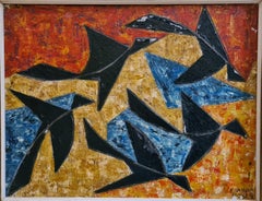 Hommage to Braque, 'Oiseaux' Birds in Flight. Mid-Century Oil on Canvas.