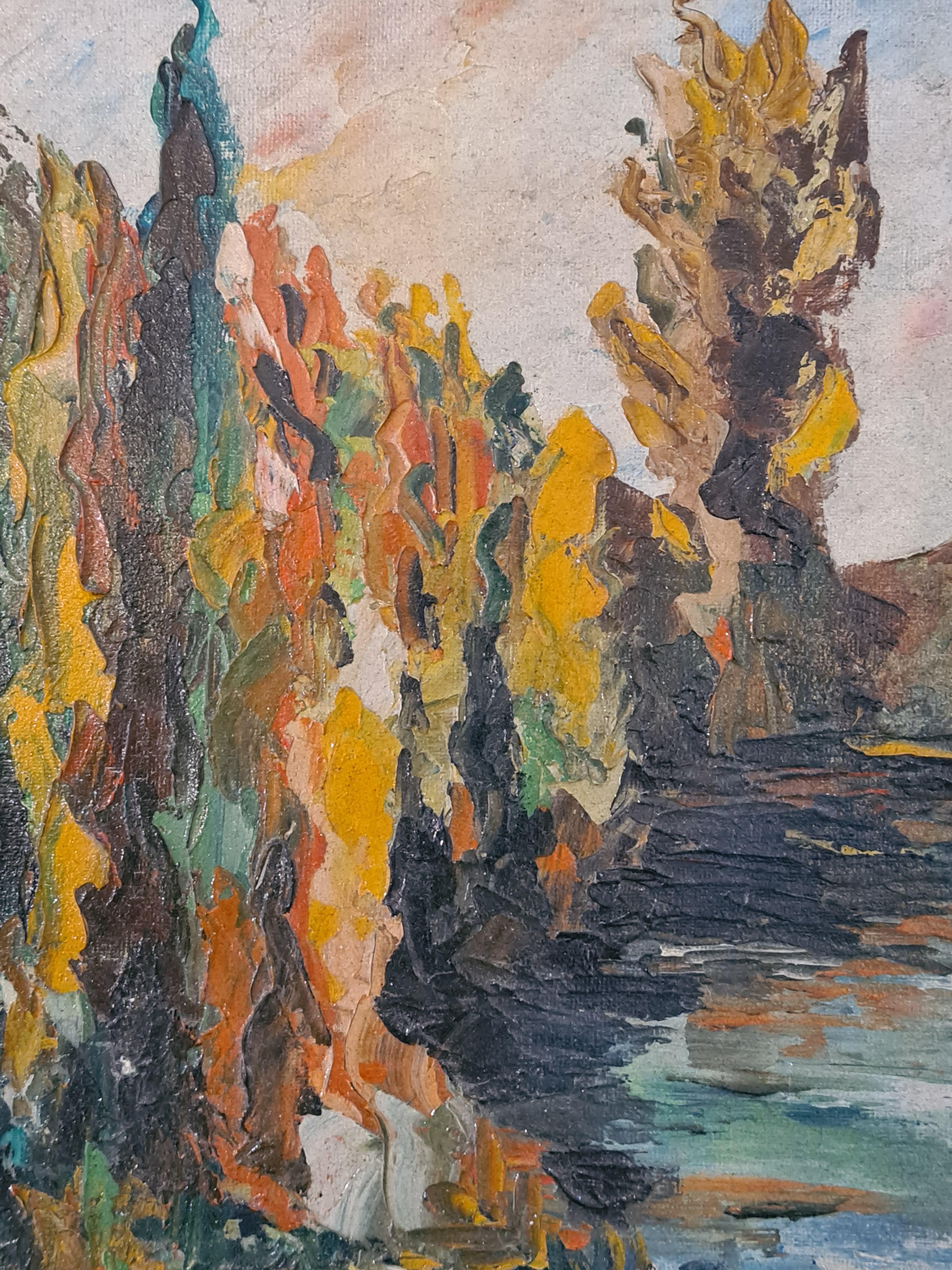Mid-Century impressionist oil on board by Italian artist J. Torrelli.

This painting of a lakeside at dusk, reminiscent of the 'Barbizon School', showcases impressionist painting techniques where a myriad of colours and brushstrokes intermingle to