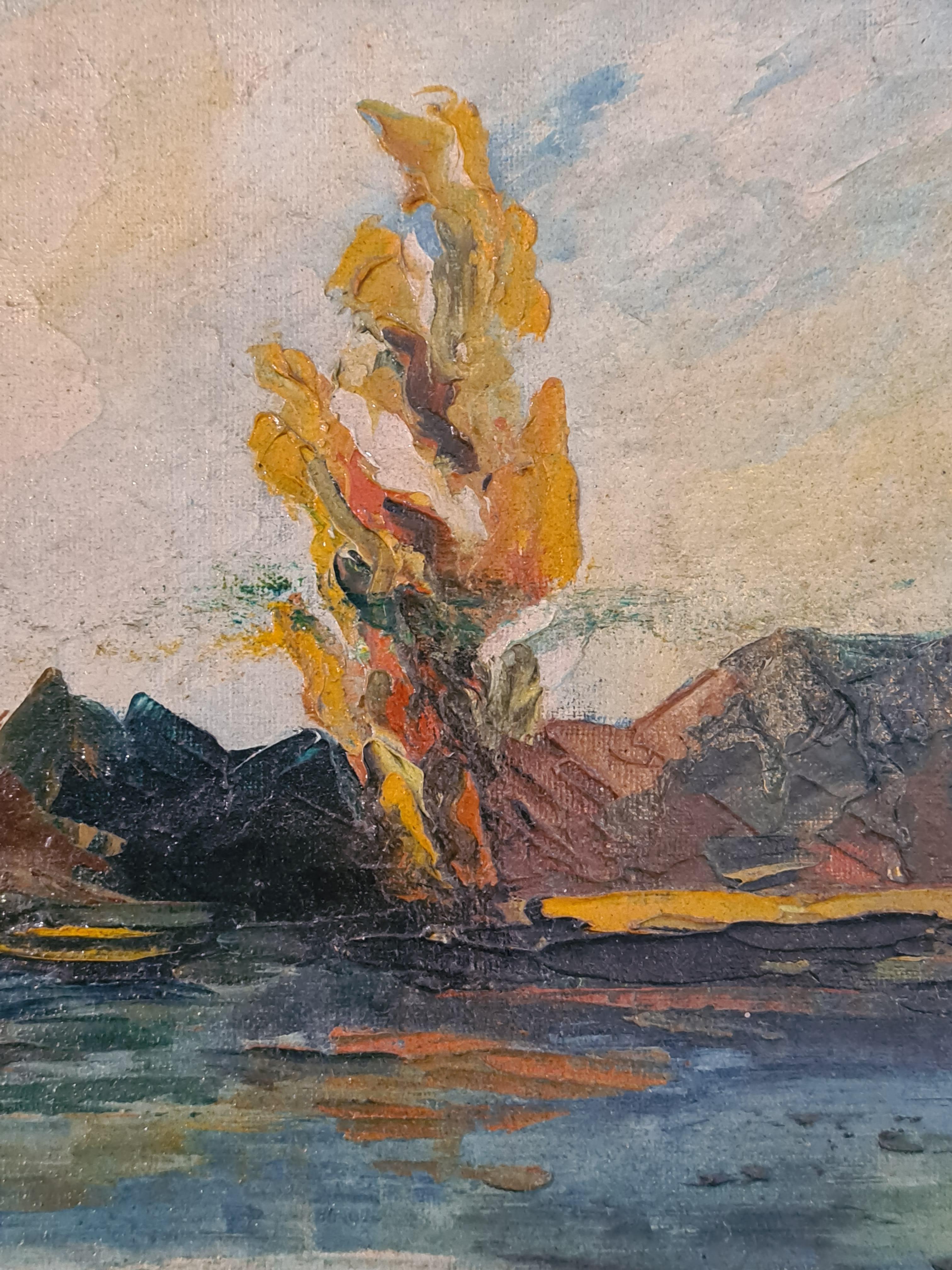 Paisaje lacustre impresionista de mediados de siglo de la Escuela de Barbizon, Óleo sobre tabla. en venta 4