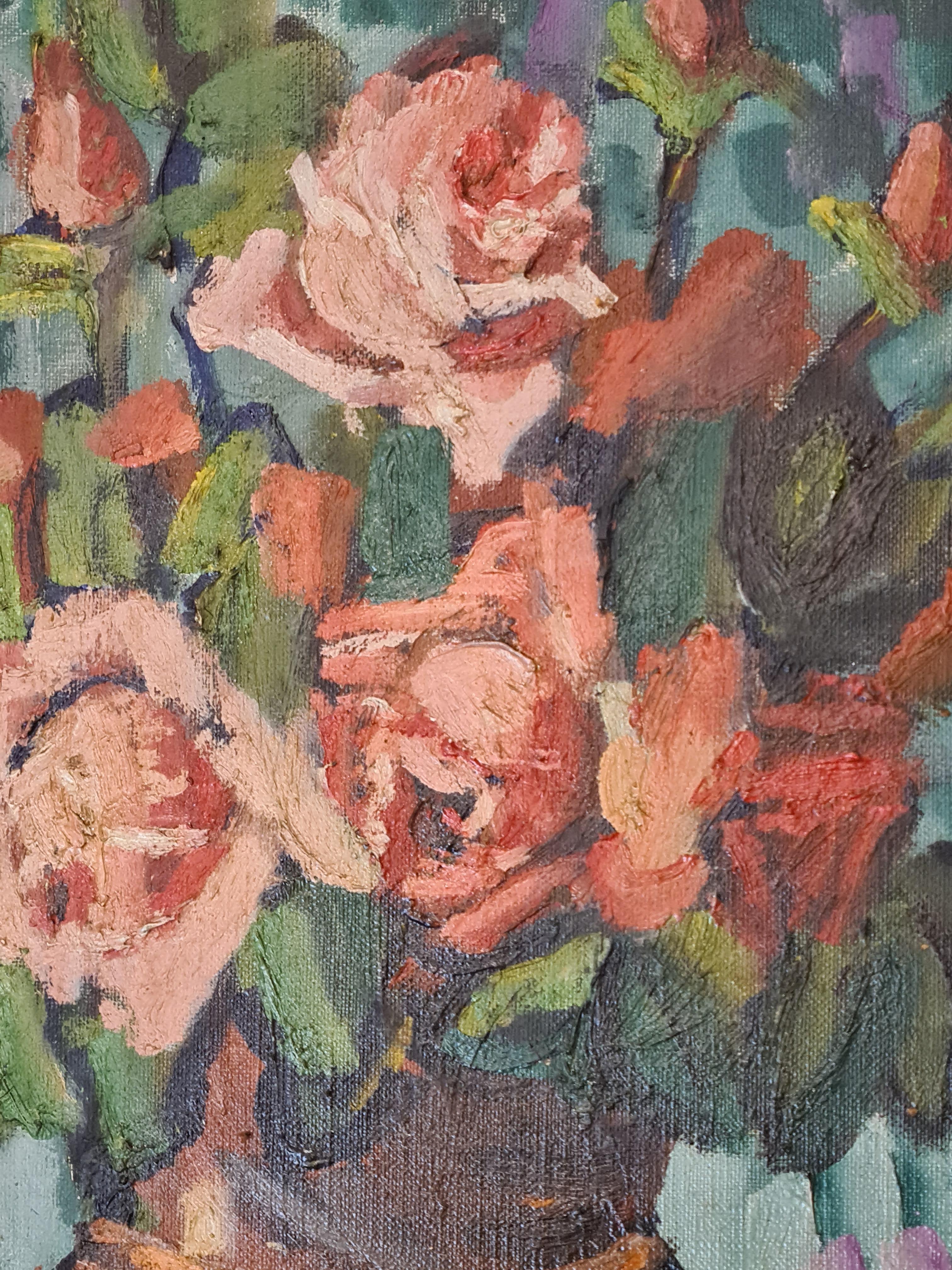 Nature morte de roses dans un vase, huile sur toile française du milieu du siècle dernier. - Gris Still-Life Painting par Henri Reboa