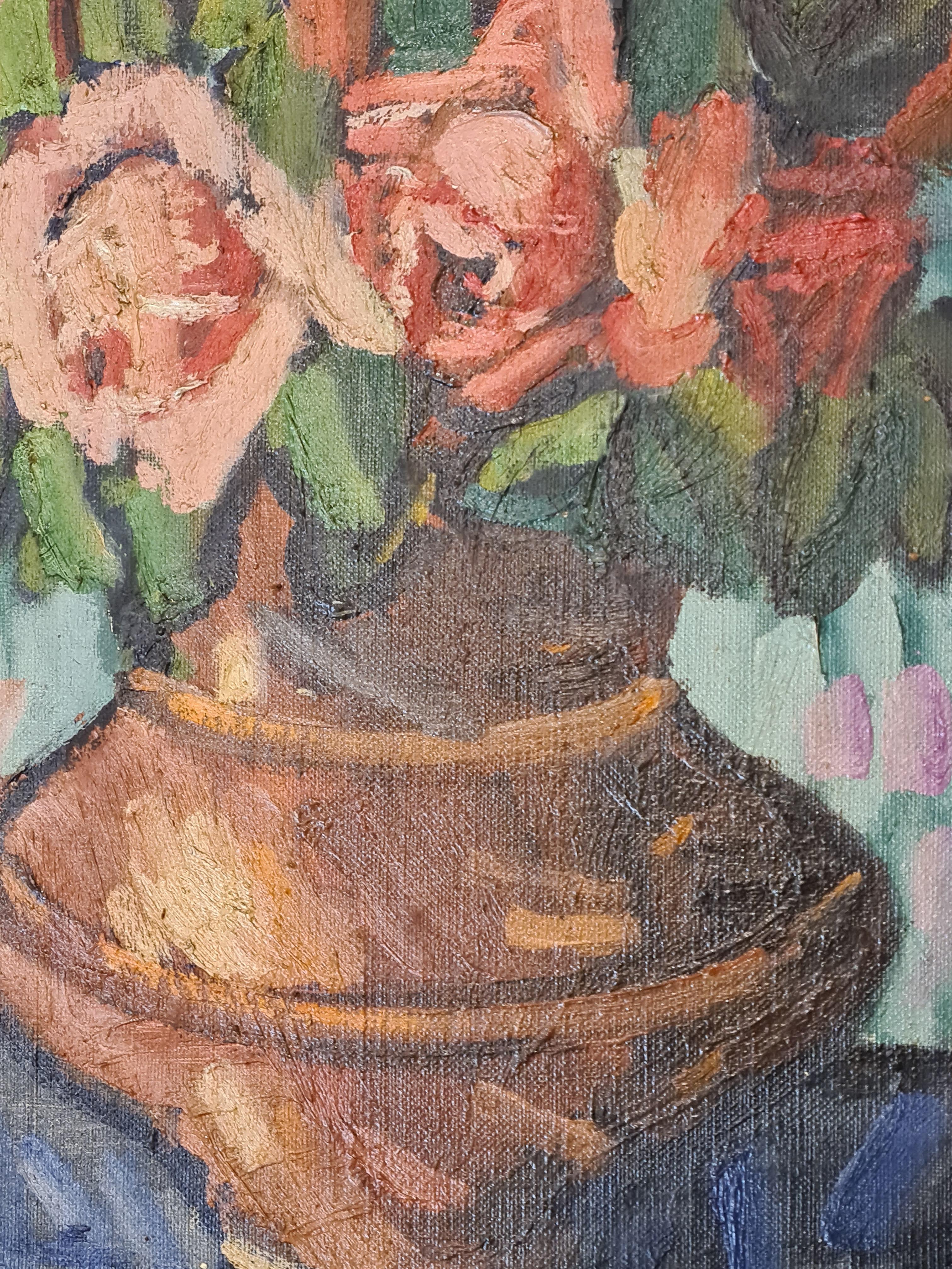 Nature morte française du milieu du siècle représentant des roses dans un vase, huile sur toile de l'artiste marseillais Henri Reboa. L'œuvre est signée en bas à droite et est présentée dans un cadre doré.

Ce tableau de roses dans un vase sur un
