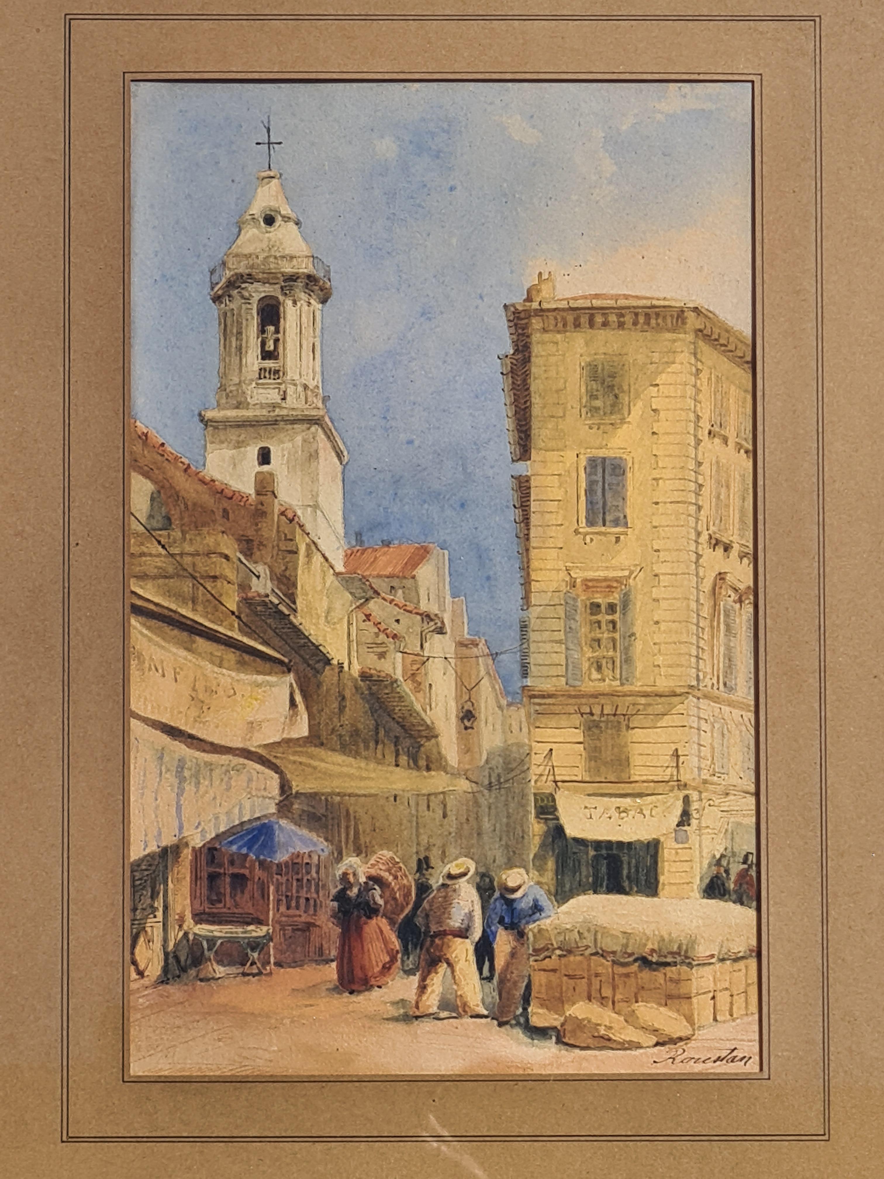 Late 19th century realist oil on paper view of Marseille and the church of St Ferreol in the South of France, attributed to French artist Lucien Marius Paul Roustan, signed Roustan bottom right. Presented in period giltwood frame with Marseille