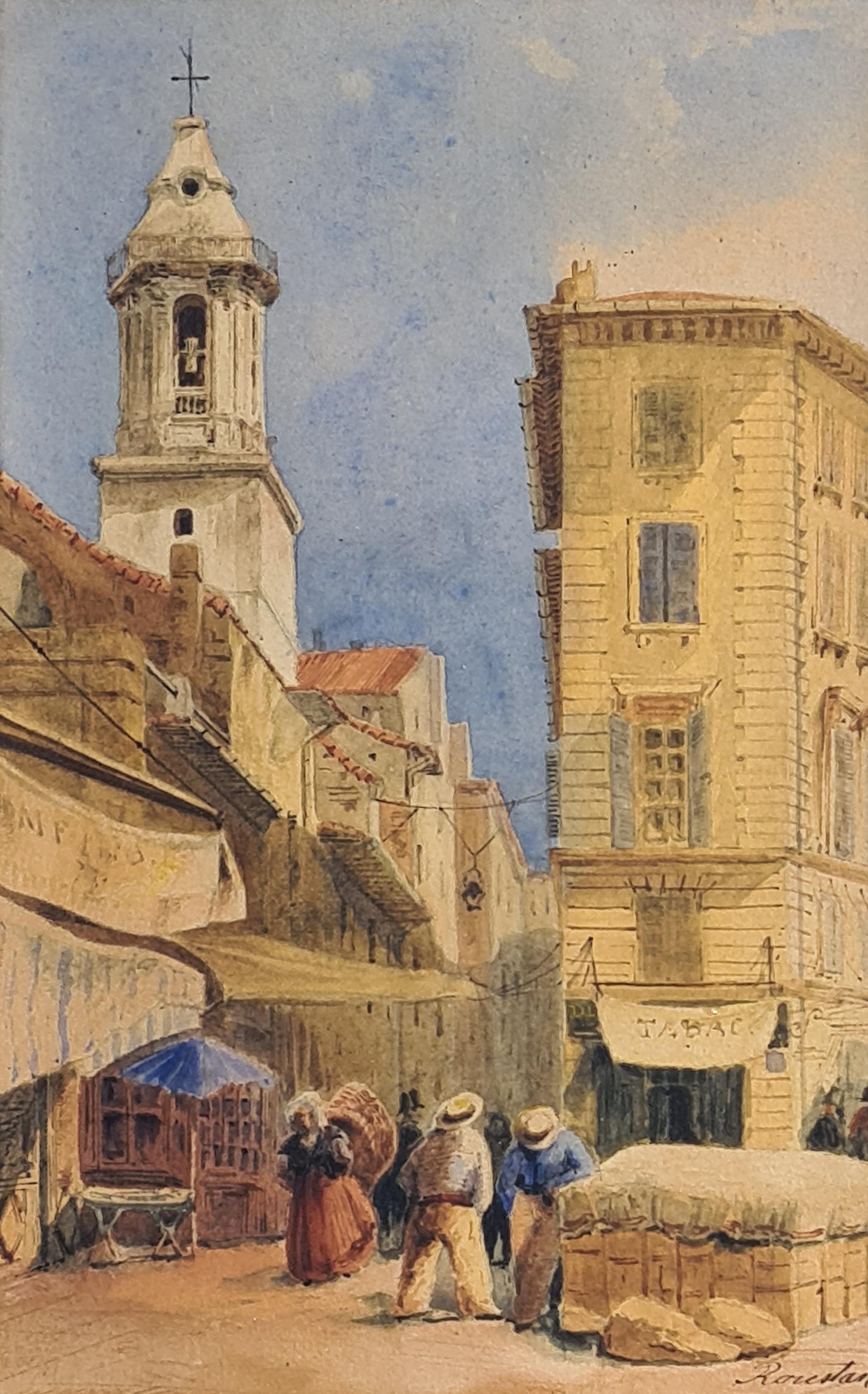 Lucien Marius Paul Roustan Figurative Art - Street View of the City of Marseille and St Ferréol, Watercolour on Paper.