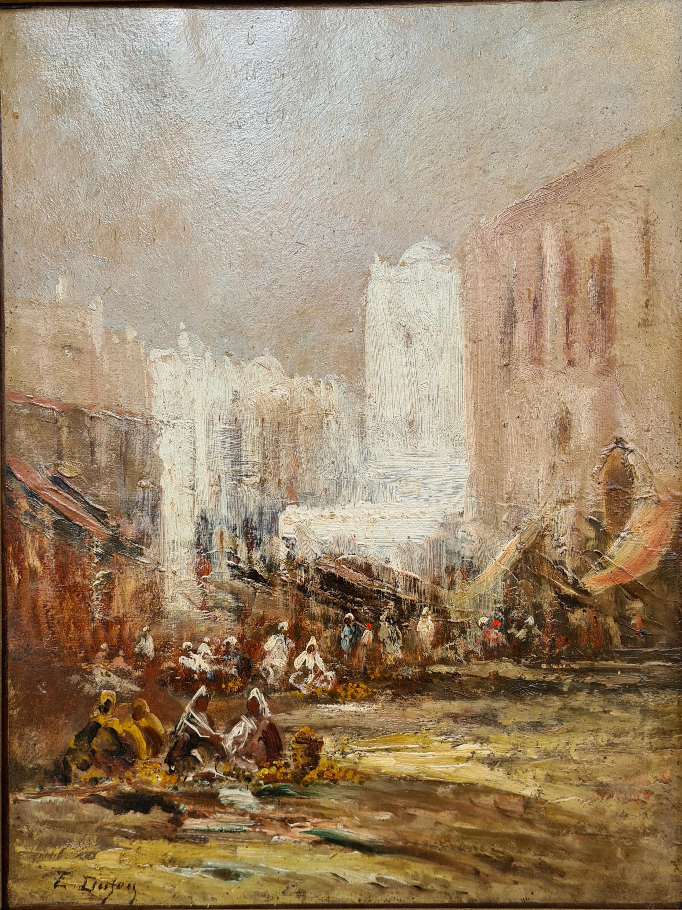 Édouard-Jacques Dufeu Figurative Painting - The Market, Constantinople. Mid 19th Century Oriental Realist Oil.