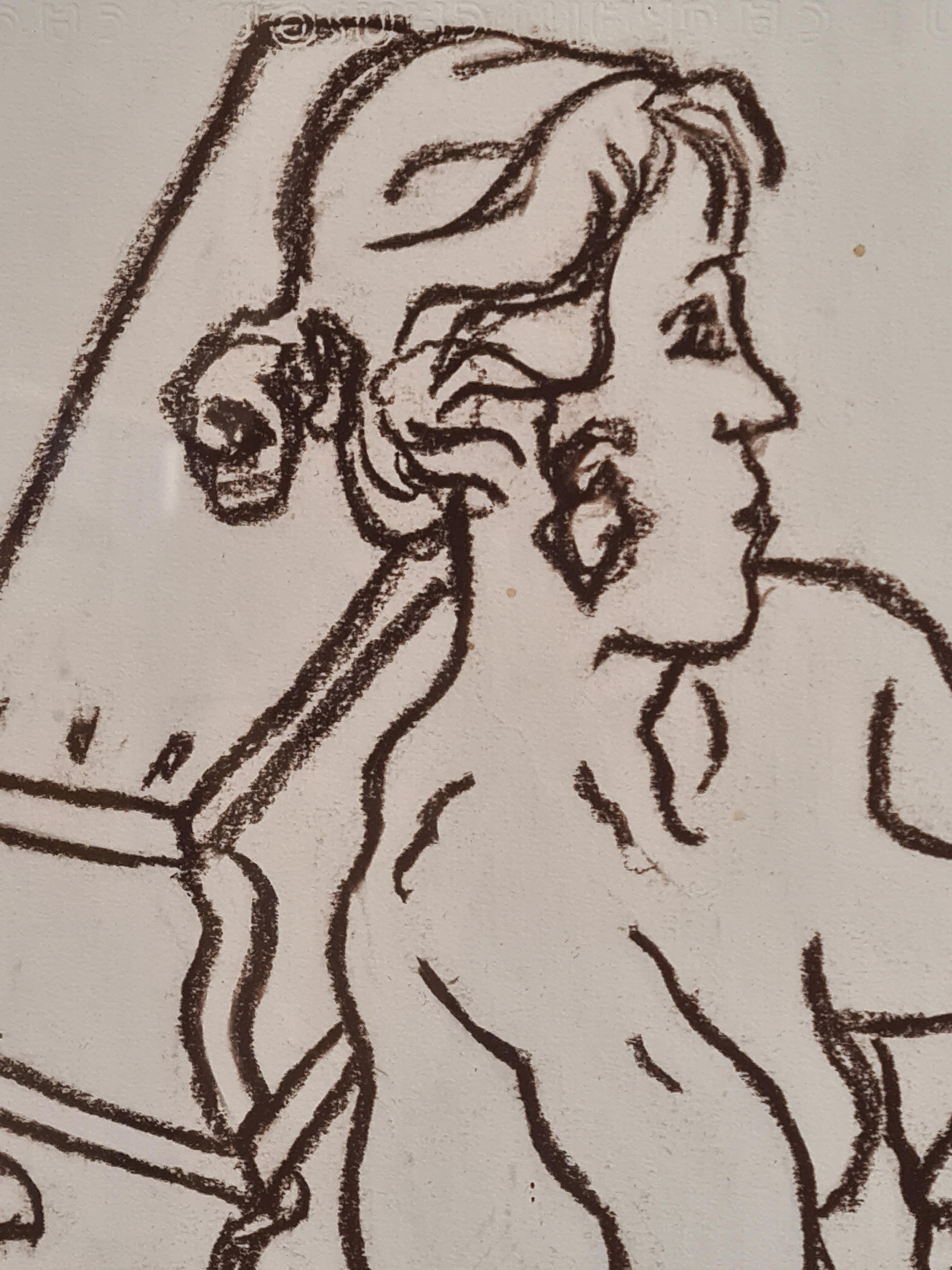 20th Century Female Nude, Crayon on Paper, Signed GV. 2