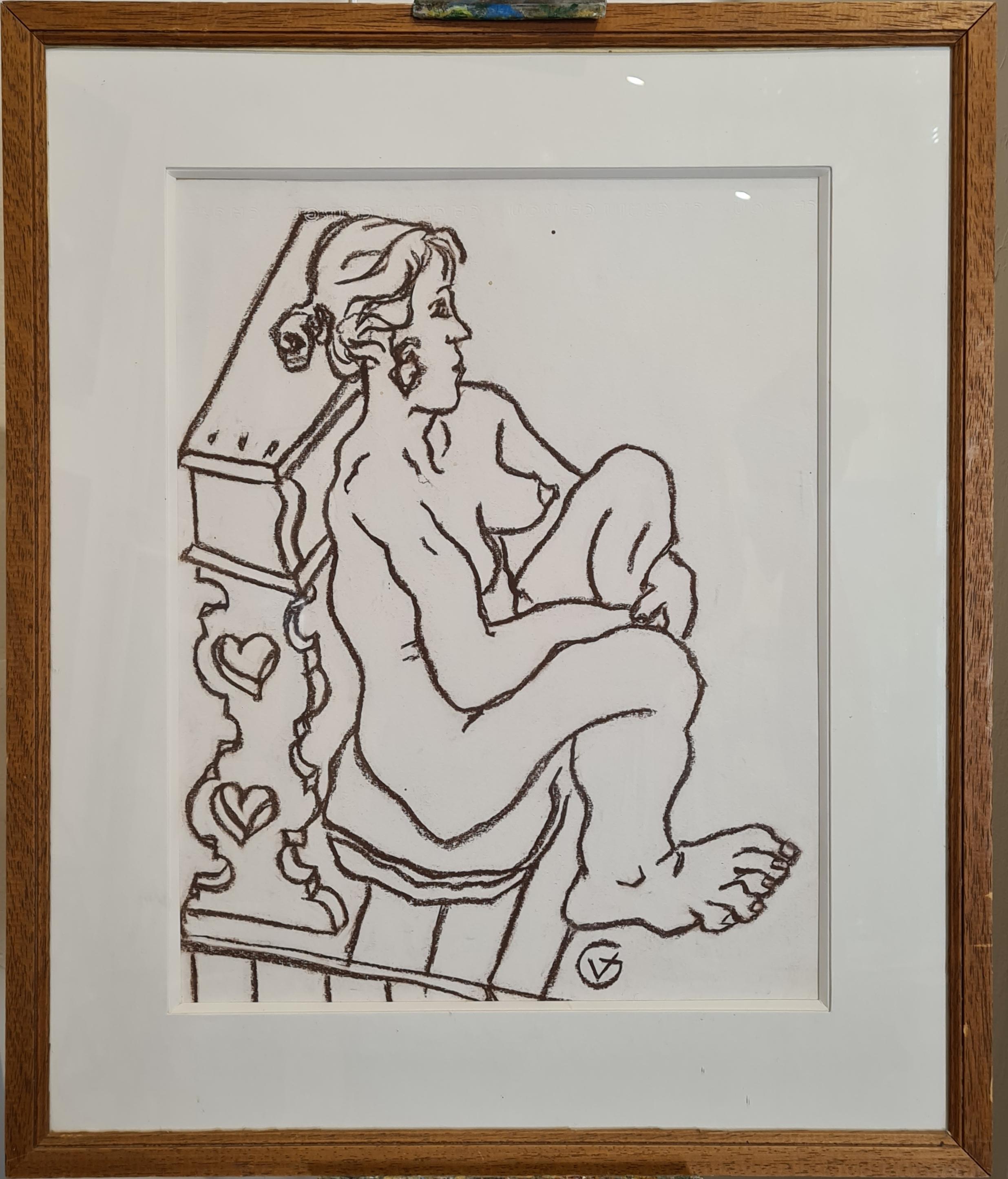 20th Century Female Nude, Crayon on Paper, Signed GV. - Art by Unknown