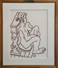 20th Century Female Nude, Crayon on Paper, Signed GV.