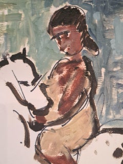Moderniste du milieu du siècle:: fille à cheval:: gouache sur papier.