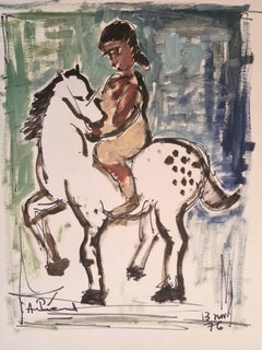 Mid-Century Modernist, Girl on Horseback, Gouache on Paper.