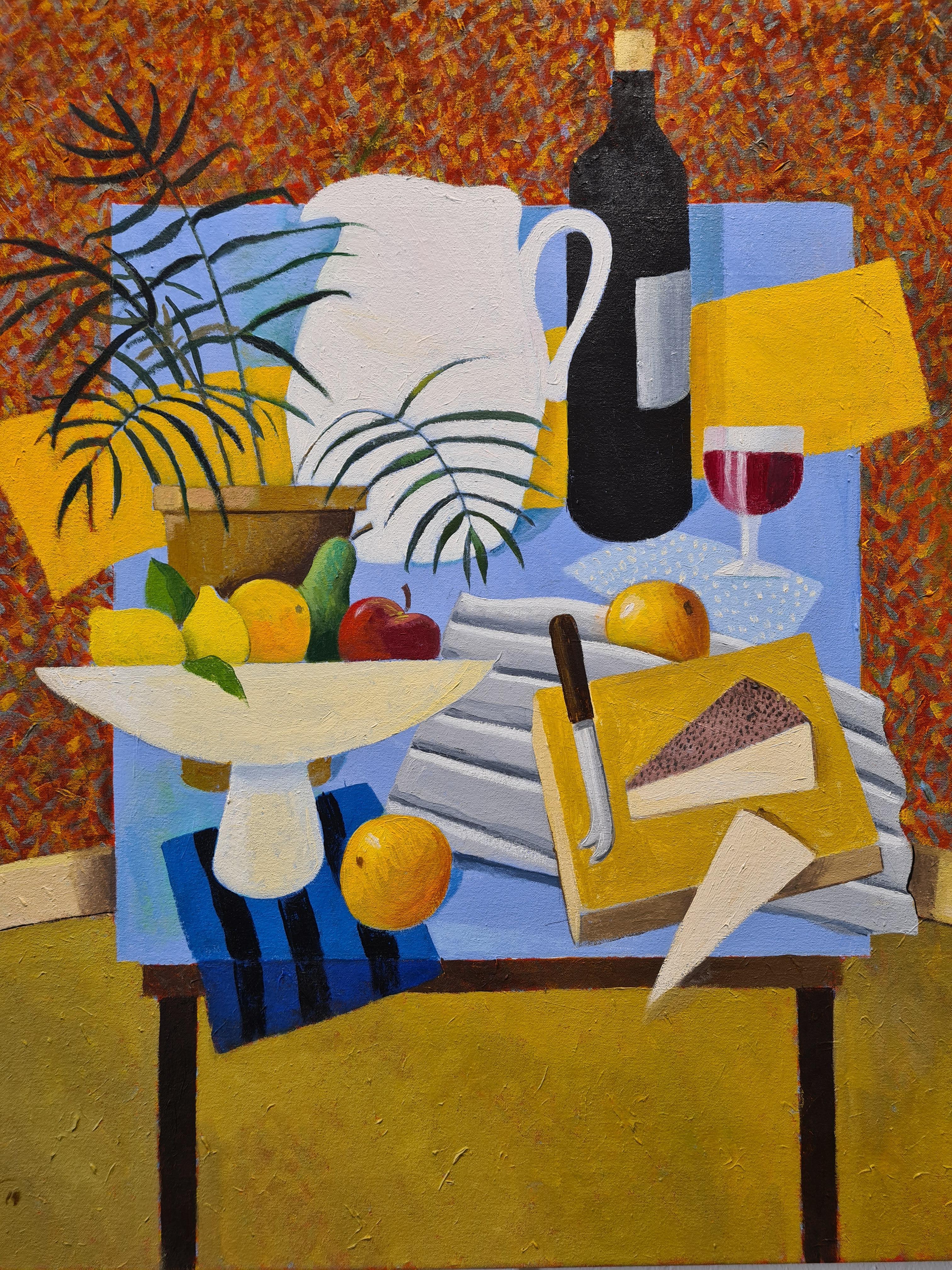 Tablescape with Cheese and Wine. Oil on Canvas. - Painting by Frank Docherty