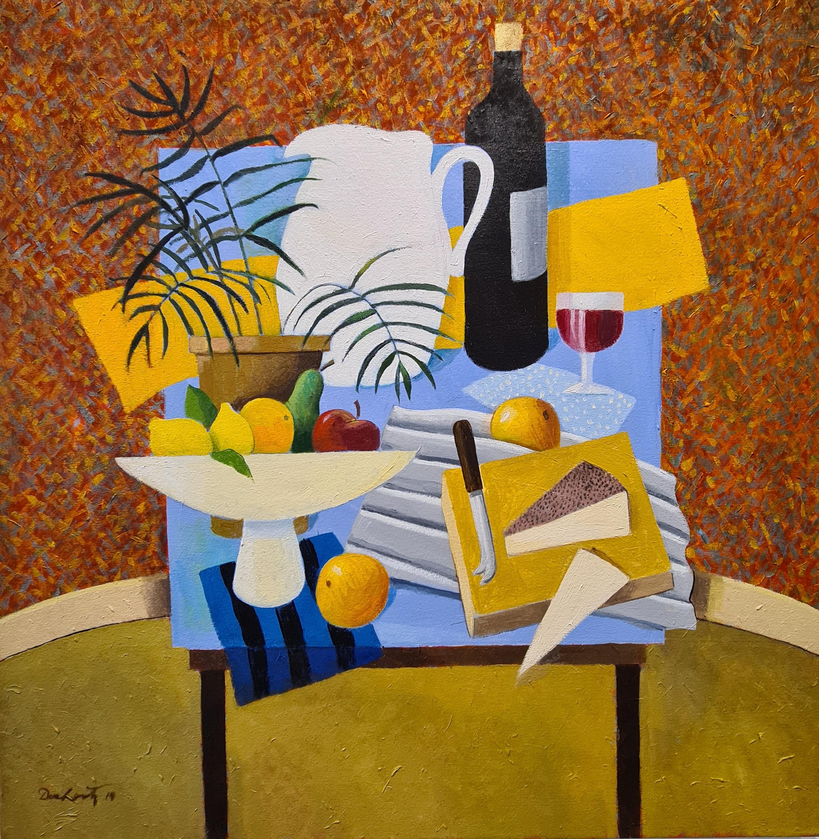 Frank Docherty Still-Life Painting - Tablescape with Cheese and Wine. Oil on Canvas.