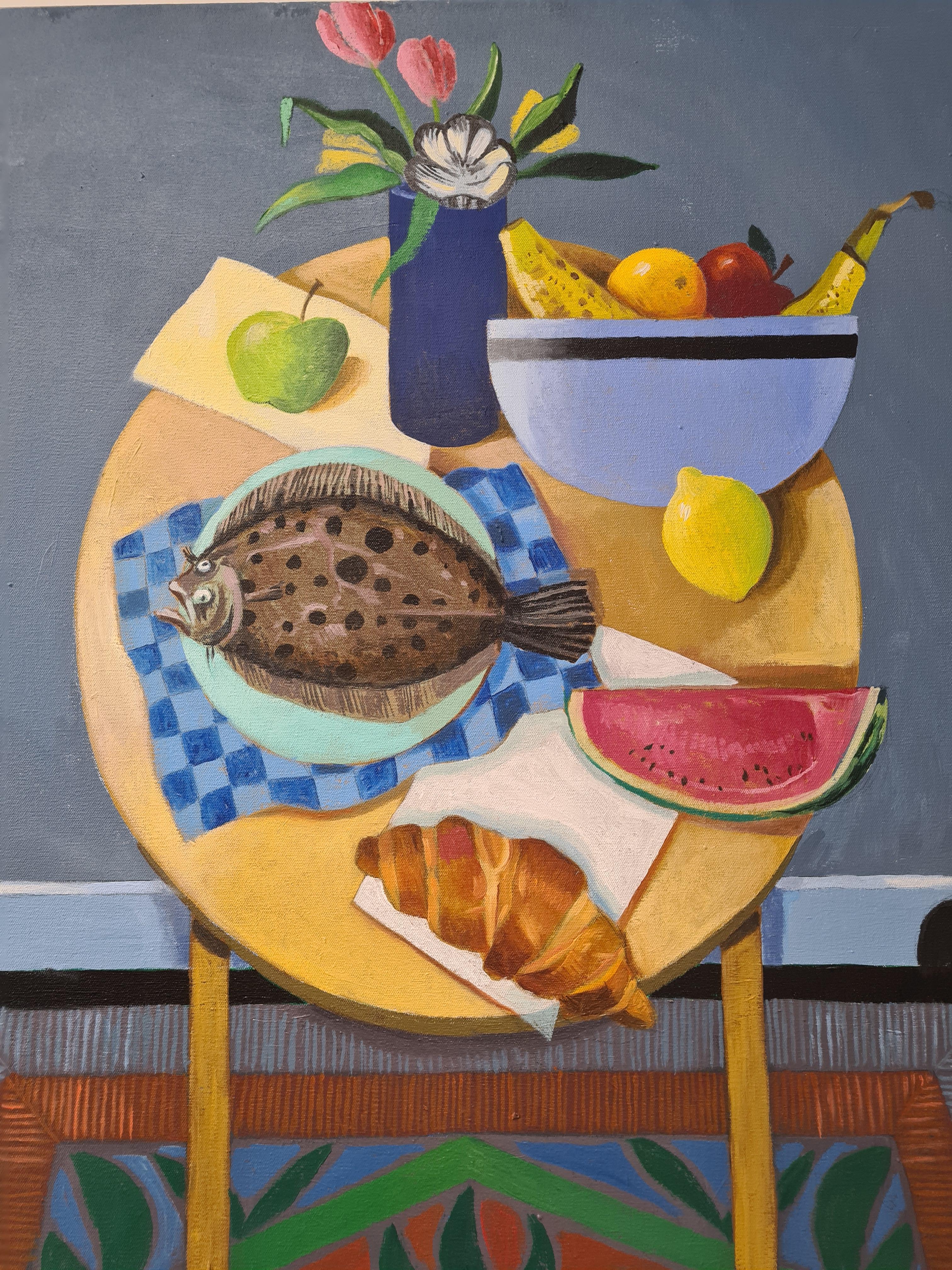 Breakfast Tablescape with Plaice. Oil on Canvas. - Painting by Frank Docherty