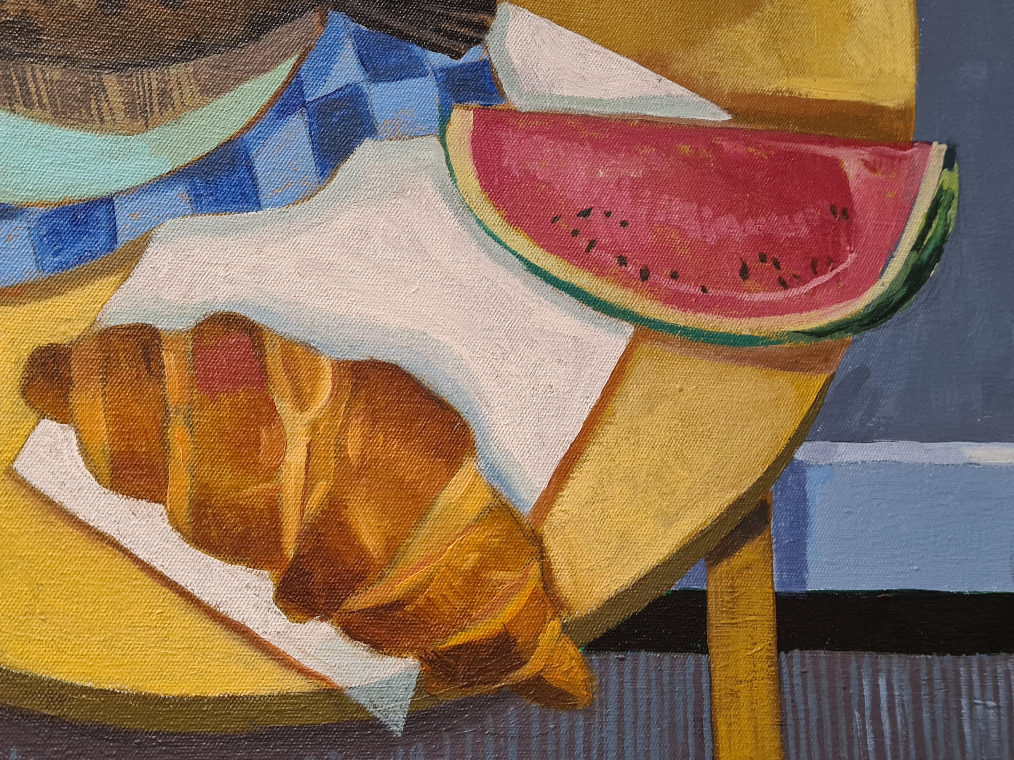 Breakfast Tablescape with Plaice. Oil on Canvas. - Surrealist Painting by Frank Docherty