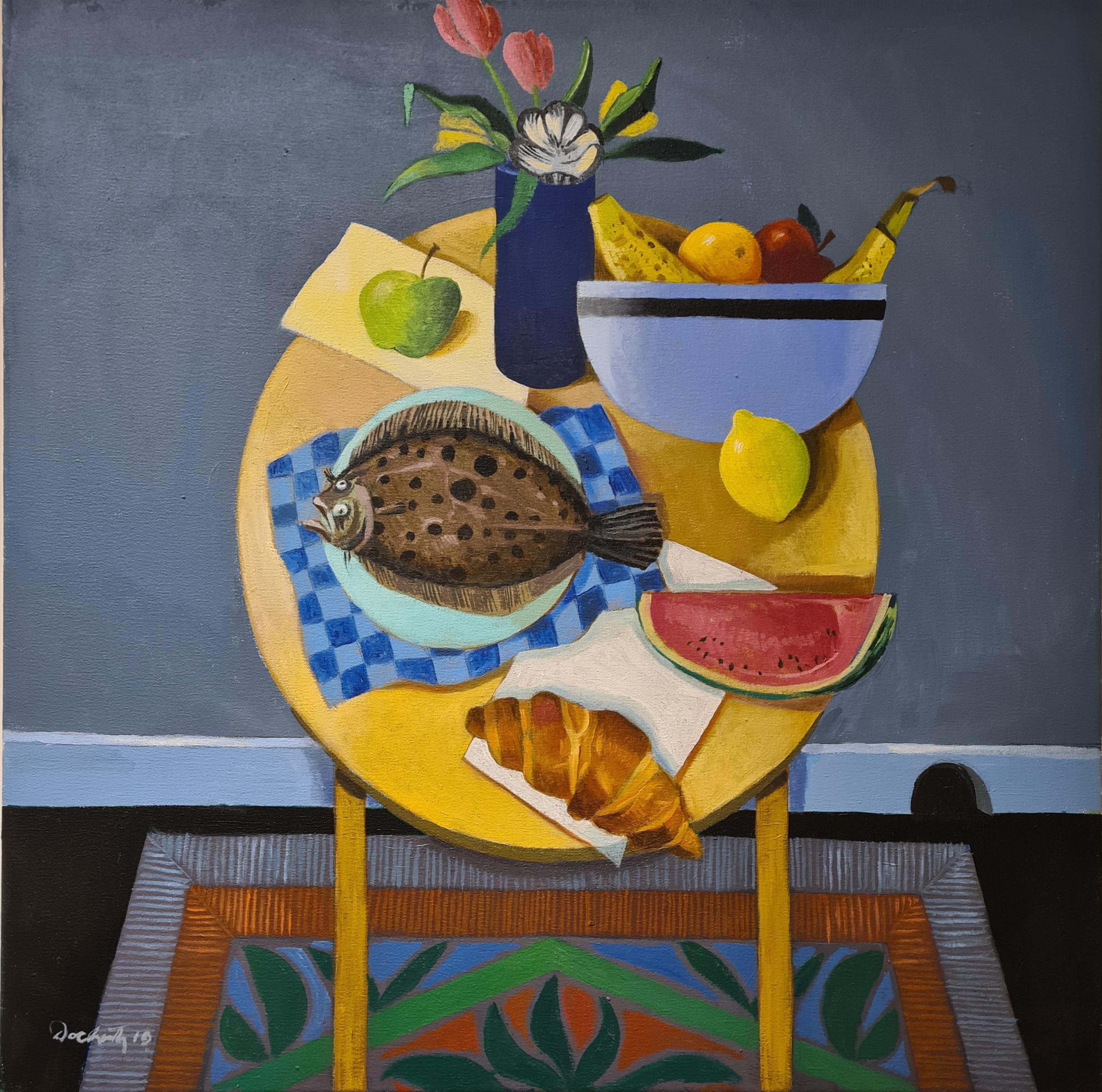 Frank Docherty Interior Painting - Breakfast Tablescape with Plaice. Oil on Canvas.