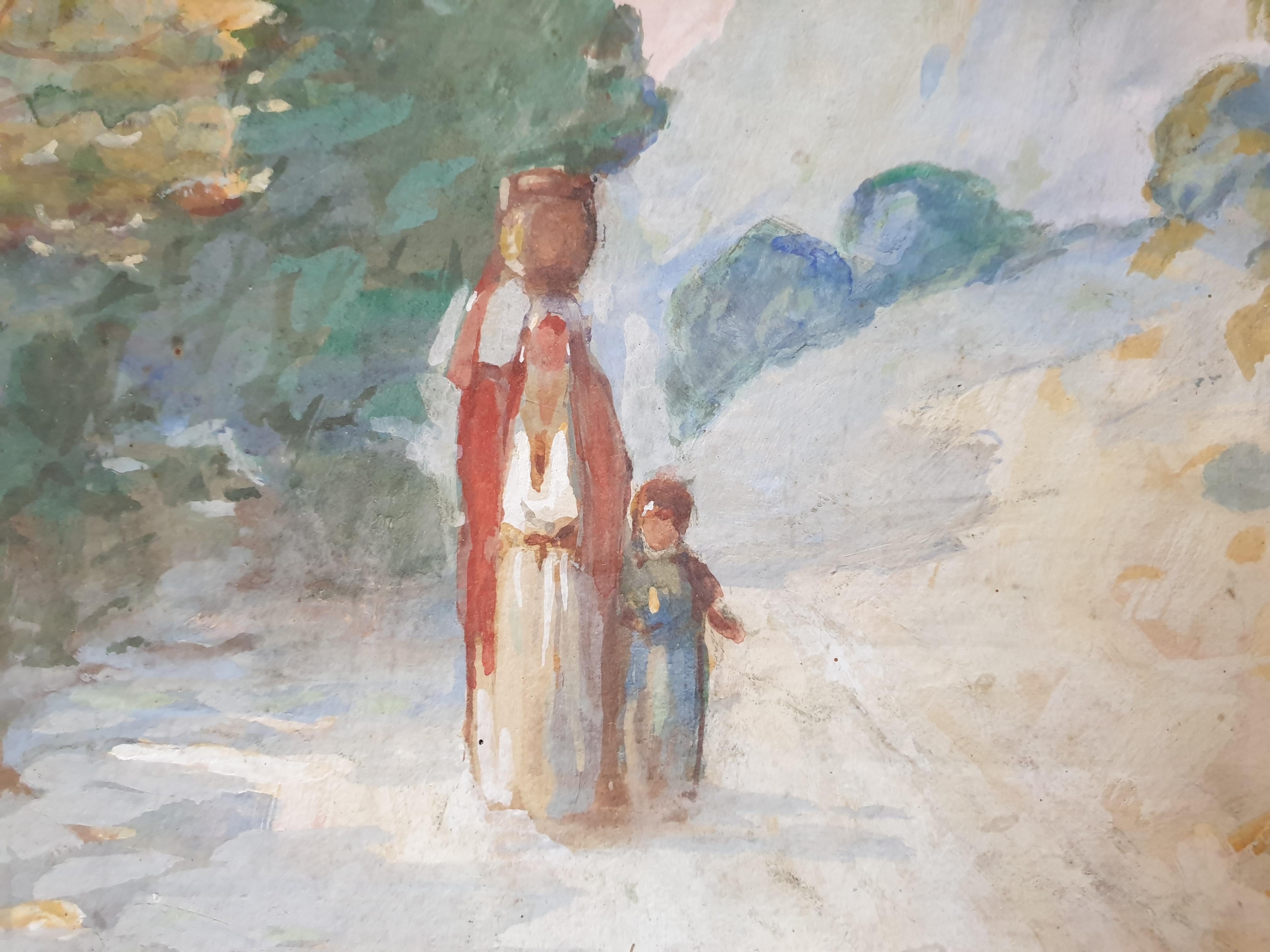 The Watercarrier, Orientalistische Gouache und Aquarell auf Papier. (Grau), Figurative Art, von Aiveill