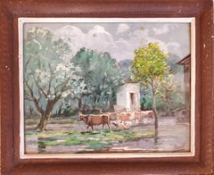 Bouteilles, chèvres et moutons broutant, gouache et aquarelle orientaliste sur papier