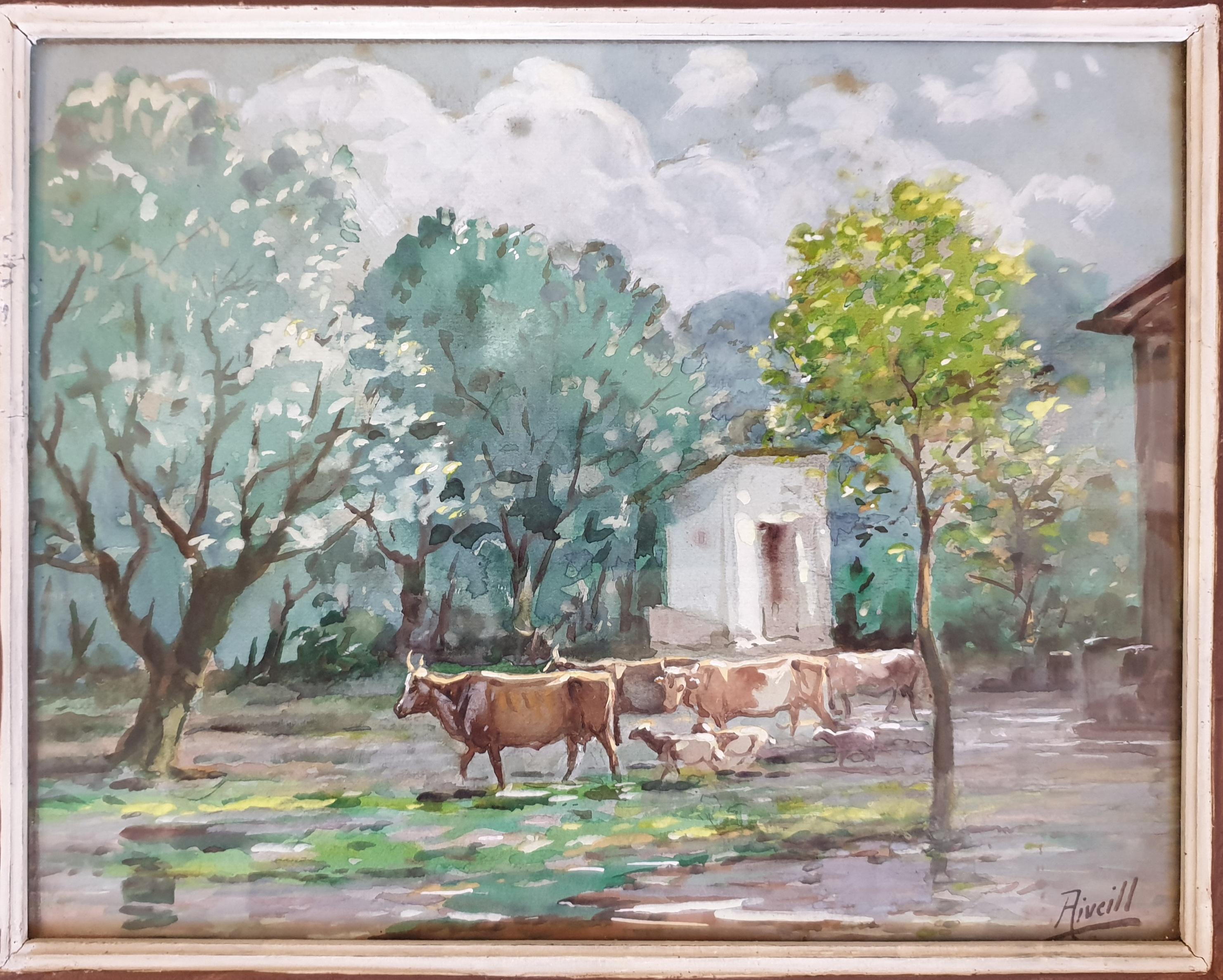 Bouteilles, chèvres et moutons broutant, aquarelle orientaliste. - Art de Aiveill