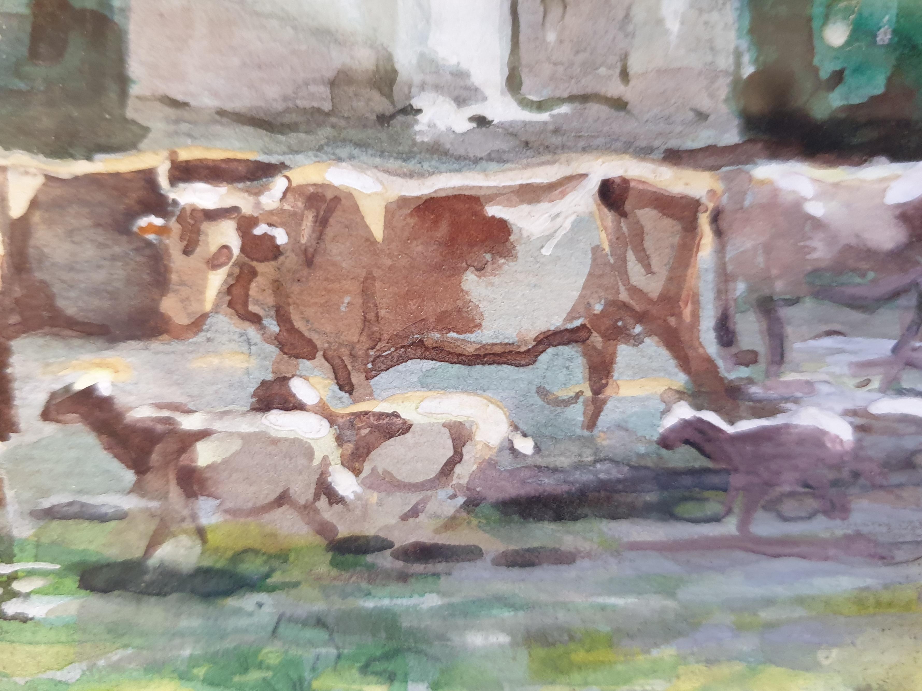 Cattle, Goats and Sheep Grazing, Orientalist Watercolour. - Realist Art by Aiveill
