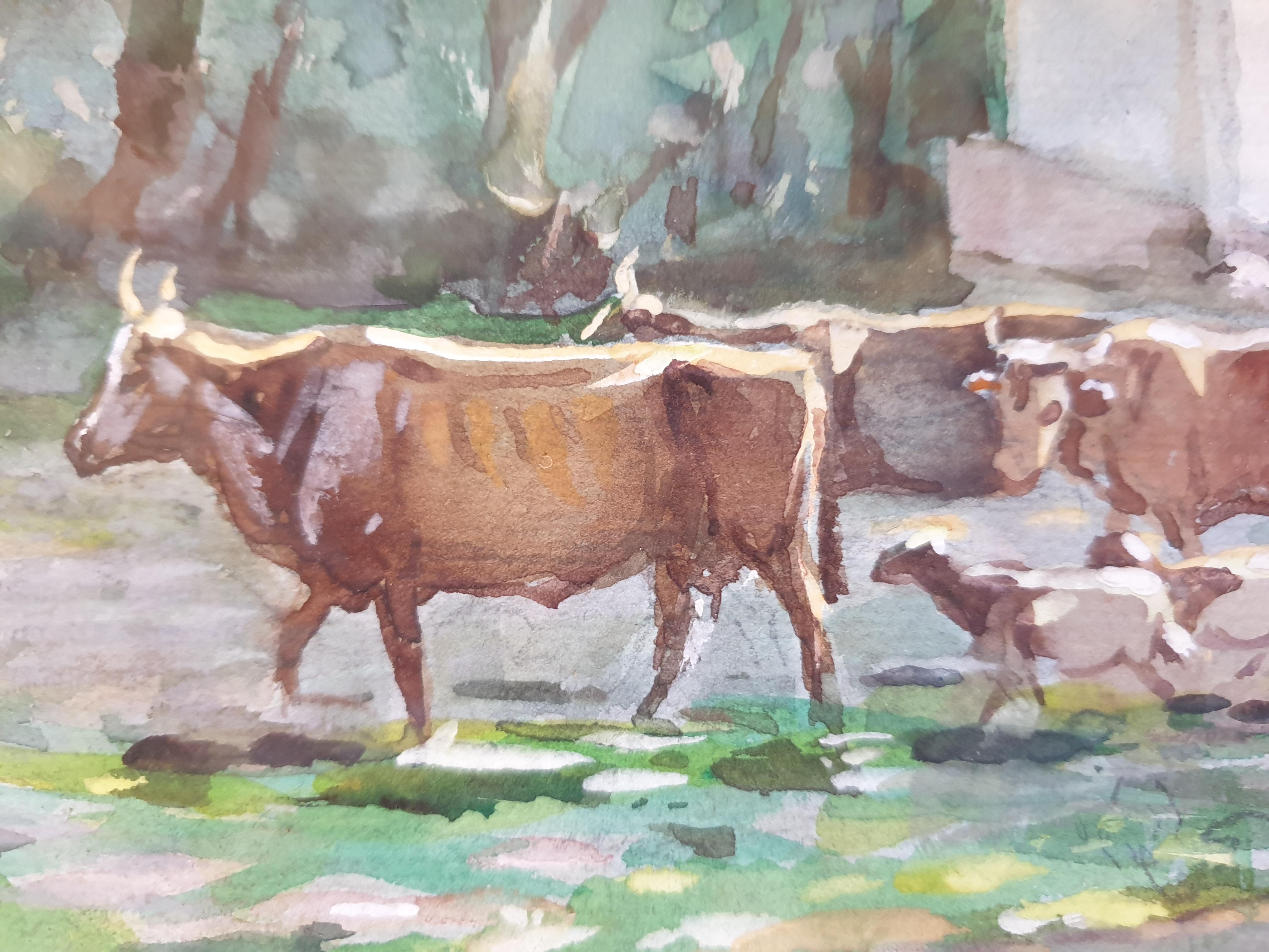 Cattle, Goats and Sheep Grazing, Orientalist Watercolour. - Brown Landscape Art by Aiveill