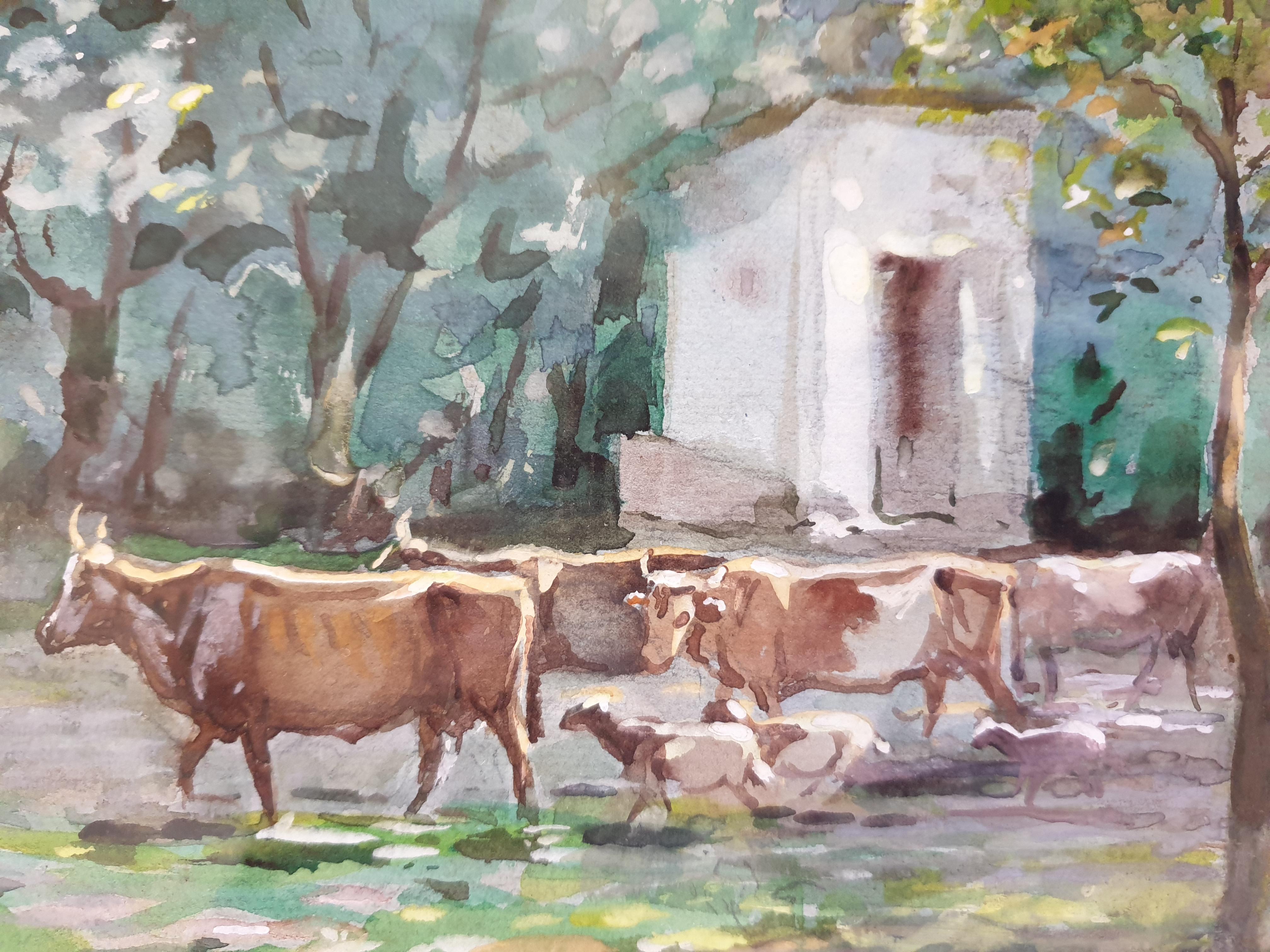 Cattle, Goats and Sheep Grazing, Orientalist Watercolour. For Sale 1