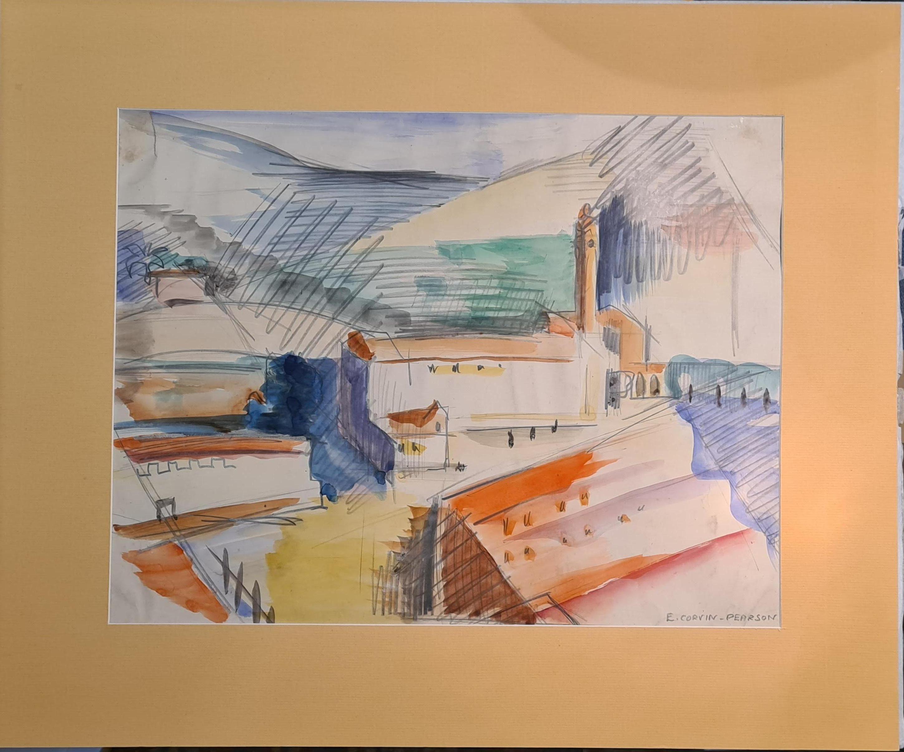 Kubistischer Stil des frühen 20. Jahrhunderts, Art déco, Ansicht einer Fabrik in einer Landschaft, L'Usine (Braun), Landscape Art, von E Corvin-Pearson