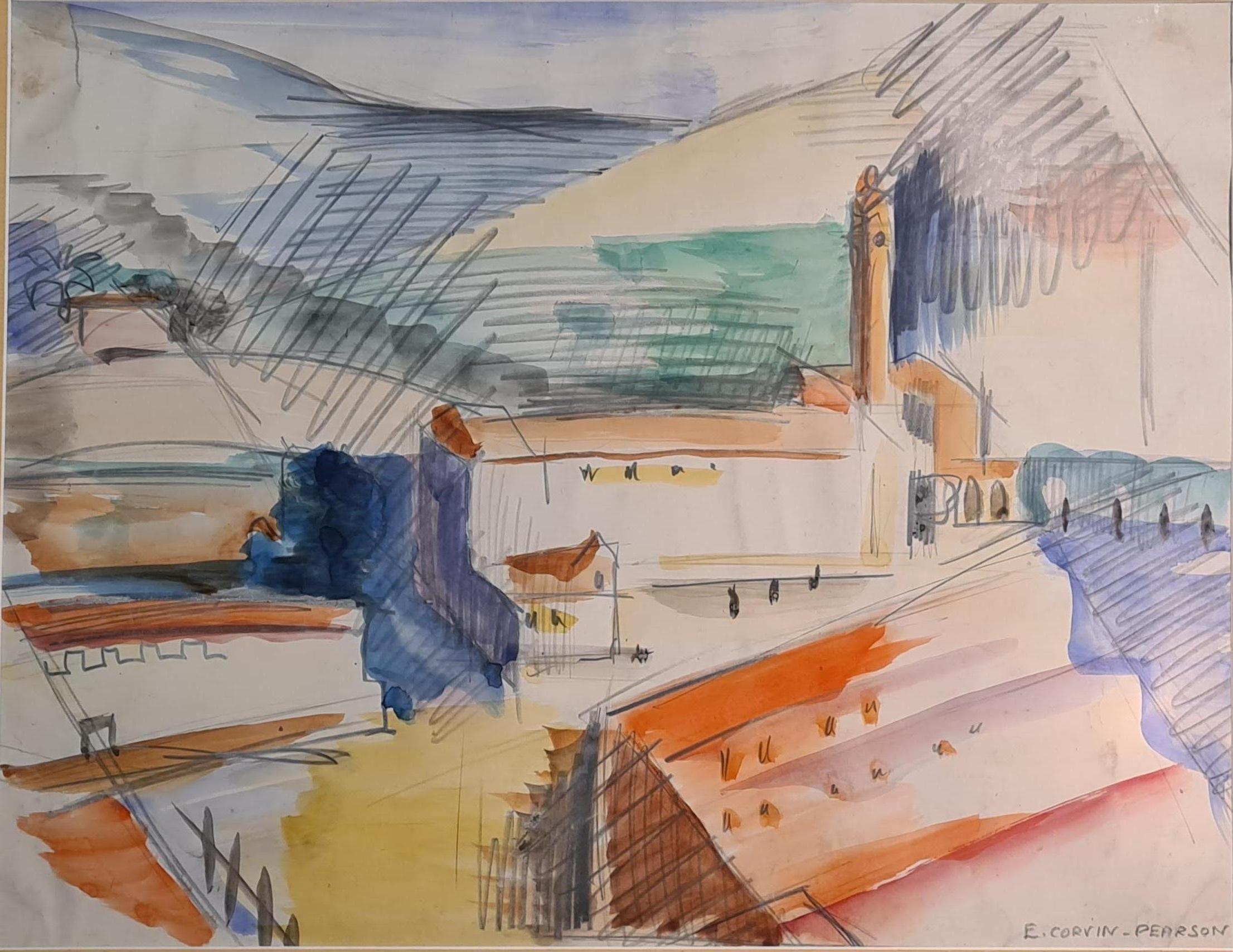 Early 20th Century Cubist, Art Deco, View of a Factory in a Landscape, L'Usine