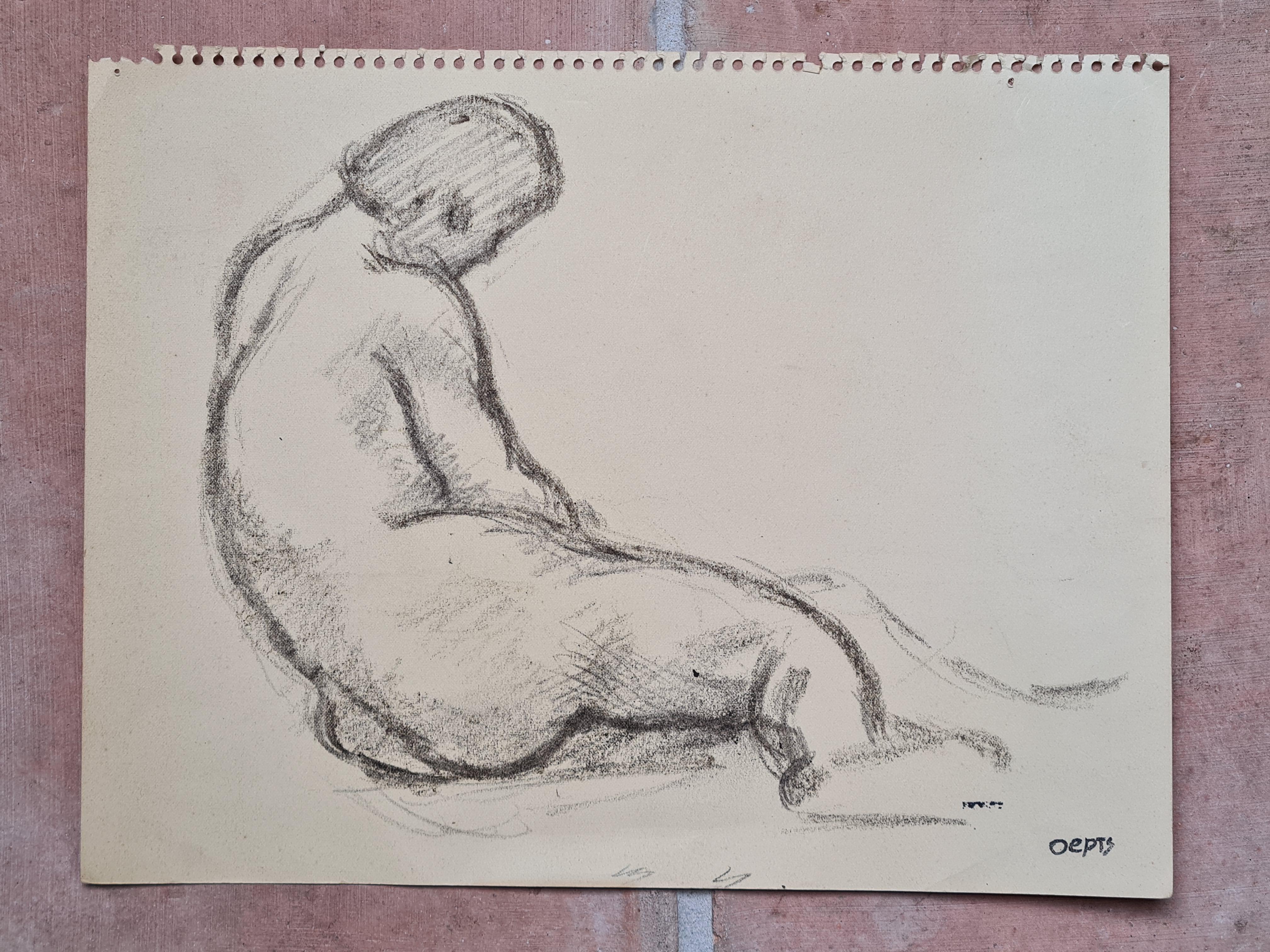 Mid 20th Century life drawing on paper by the Dutch artist Wim Oepts. Possibly an atelier sketch from the series Zittend Naakt from 1937 (TK045 Monografie en Oeurvrecatalogus) carrying the atelier stamp bottom right.

This work shows Oepts' love of