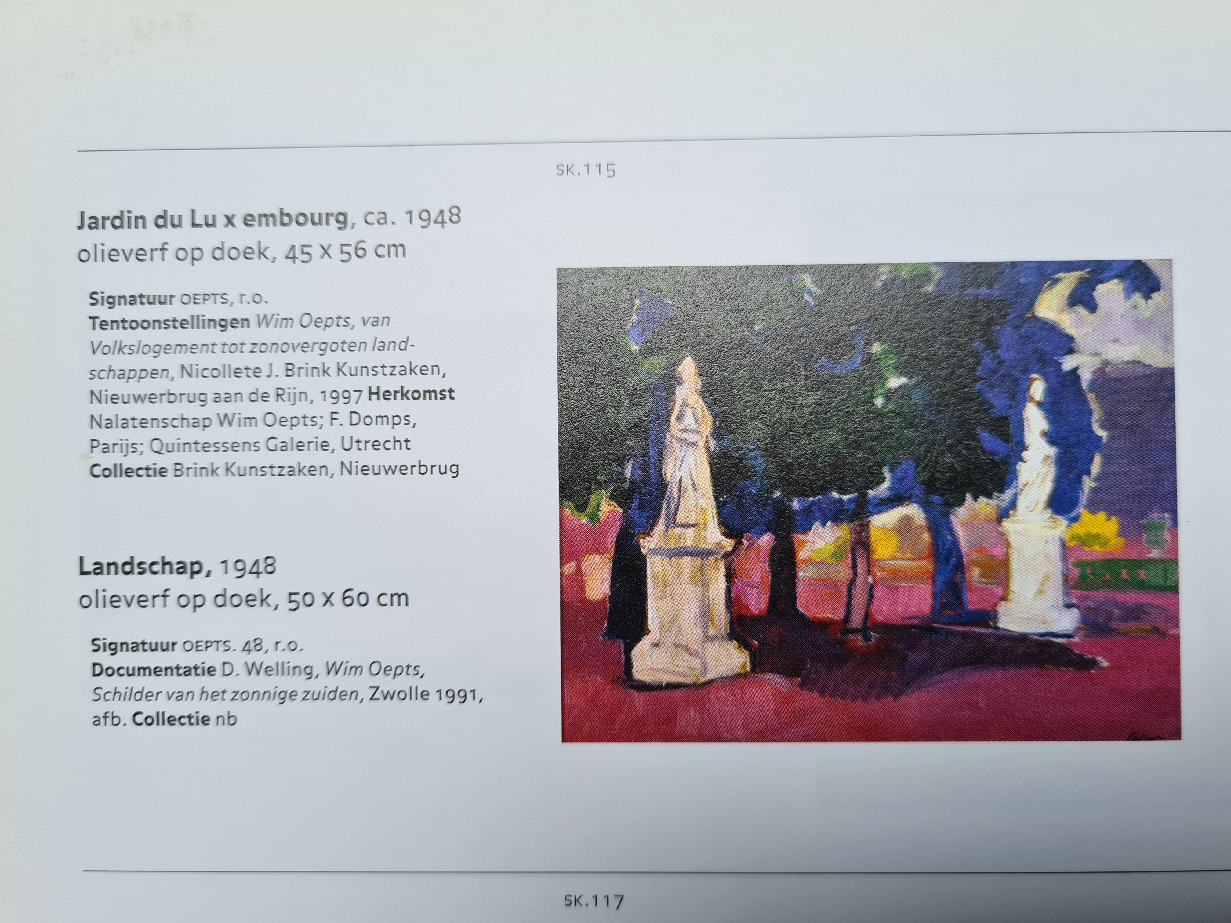 Skizze auf Papier des niederländischen Künstlers Wim Oepts aus der Mitte des 20. Jahrhunderts für sein Gemälde Jardin du Luxembourg aus dem Jahr 1948 (SK115 Monografie en Oeurvrecatalogus) mit dem Atelierstempel unten rechts.

 Die Zeichnung wurde