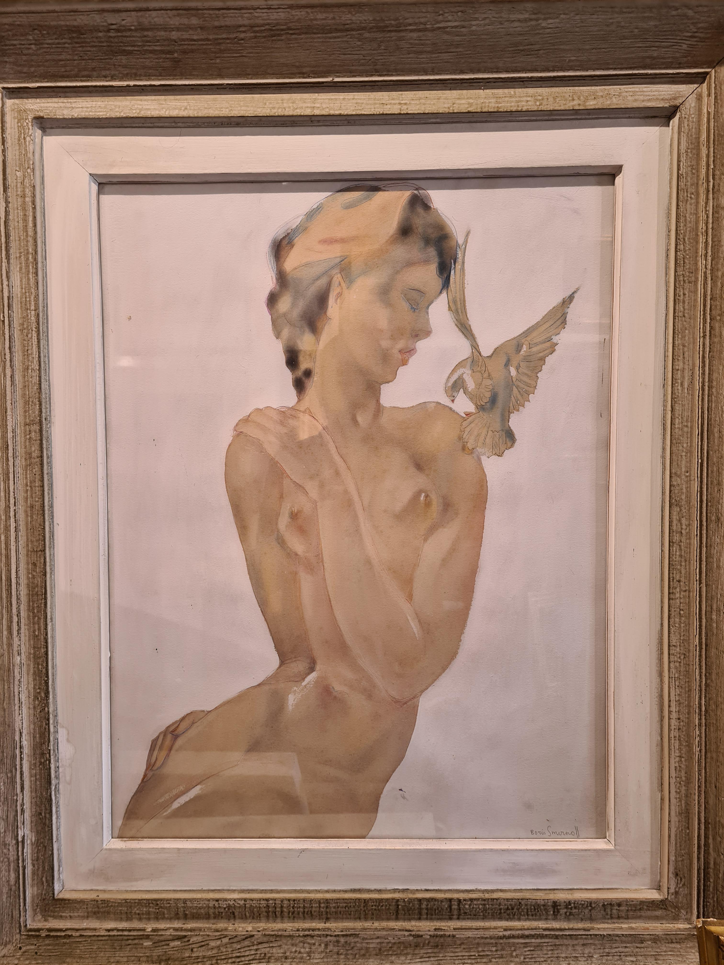 Beauty and the White Dove, Mid Century Franco-Russian Watercolour - Aesthetic Movement Art by Boris Smirnoff