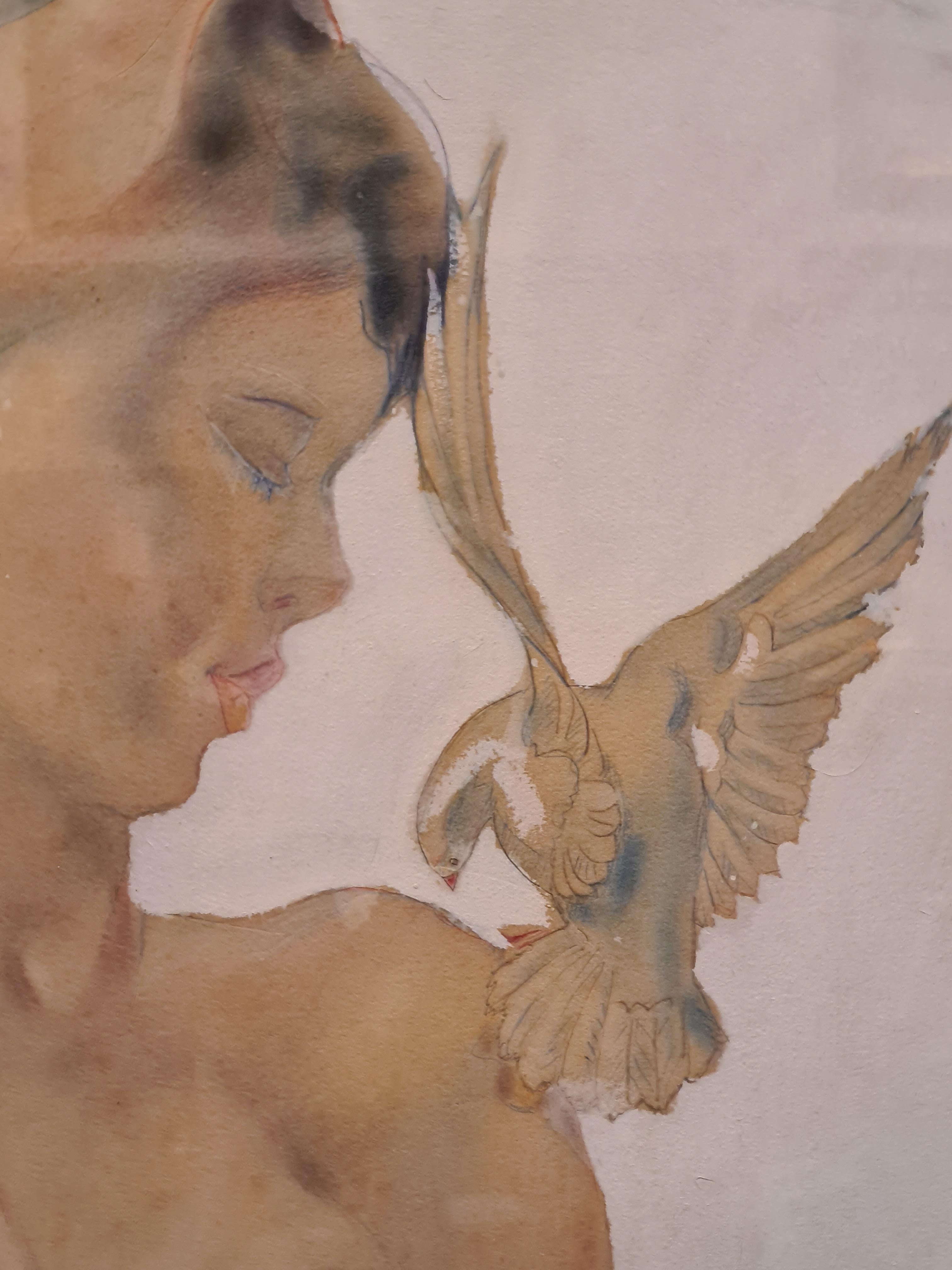 Boris Smirnoff Figurative Art - Beauty and the White Dove, Mid Century Franco-Russian Watercolour
