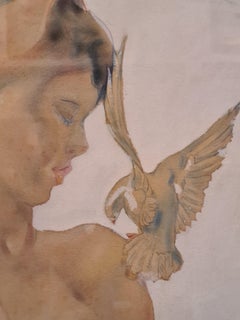 La beauté et la colombe blanche, aquarelle franco-russe du milieu du siècle dernier