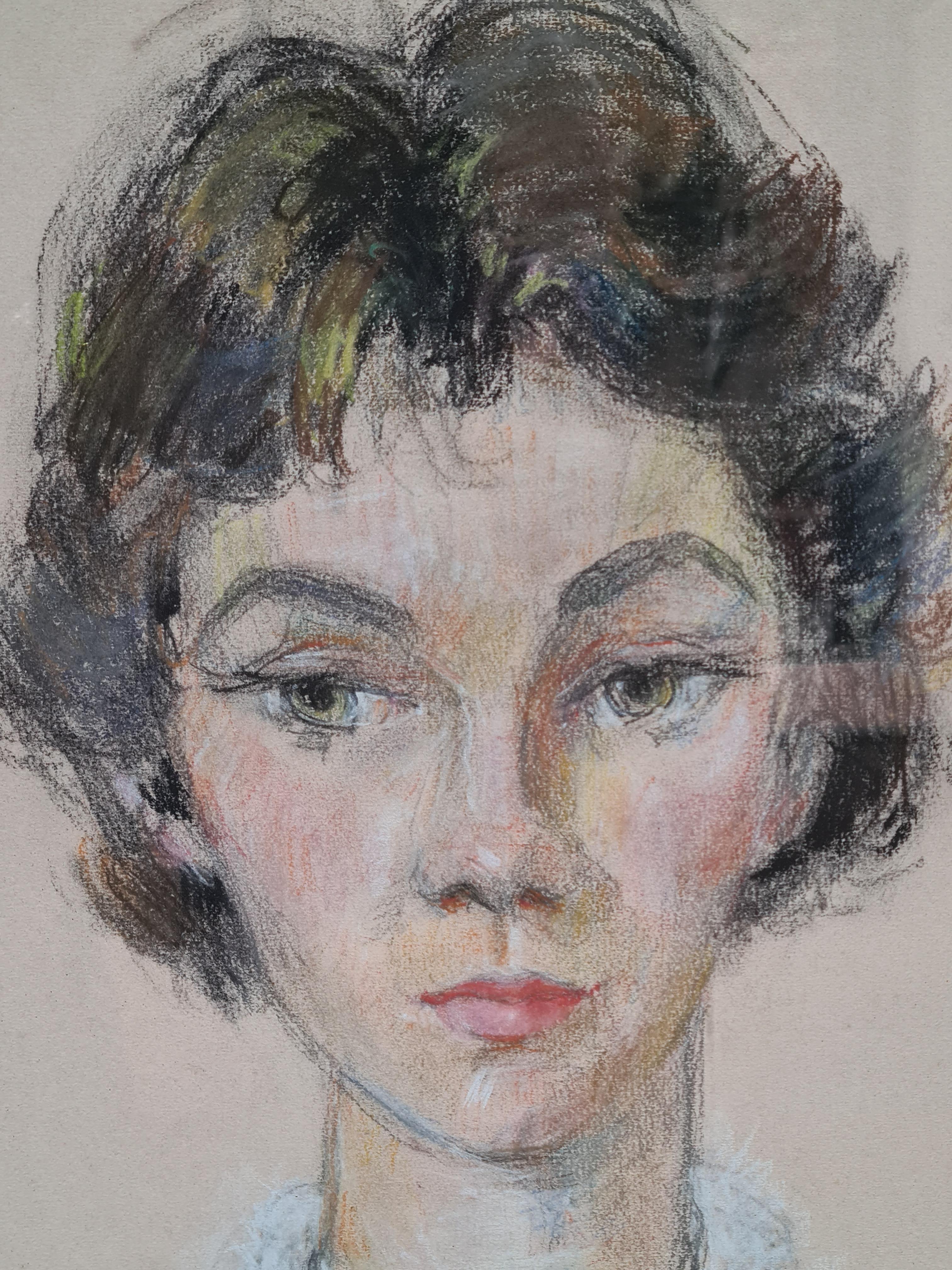 Suzanne, Large Mid Century Portrait Drawing by Gourdon - Beige Figurative Art by Alain Gourdon