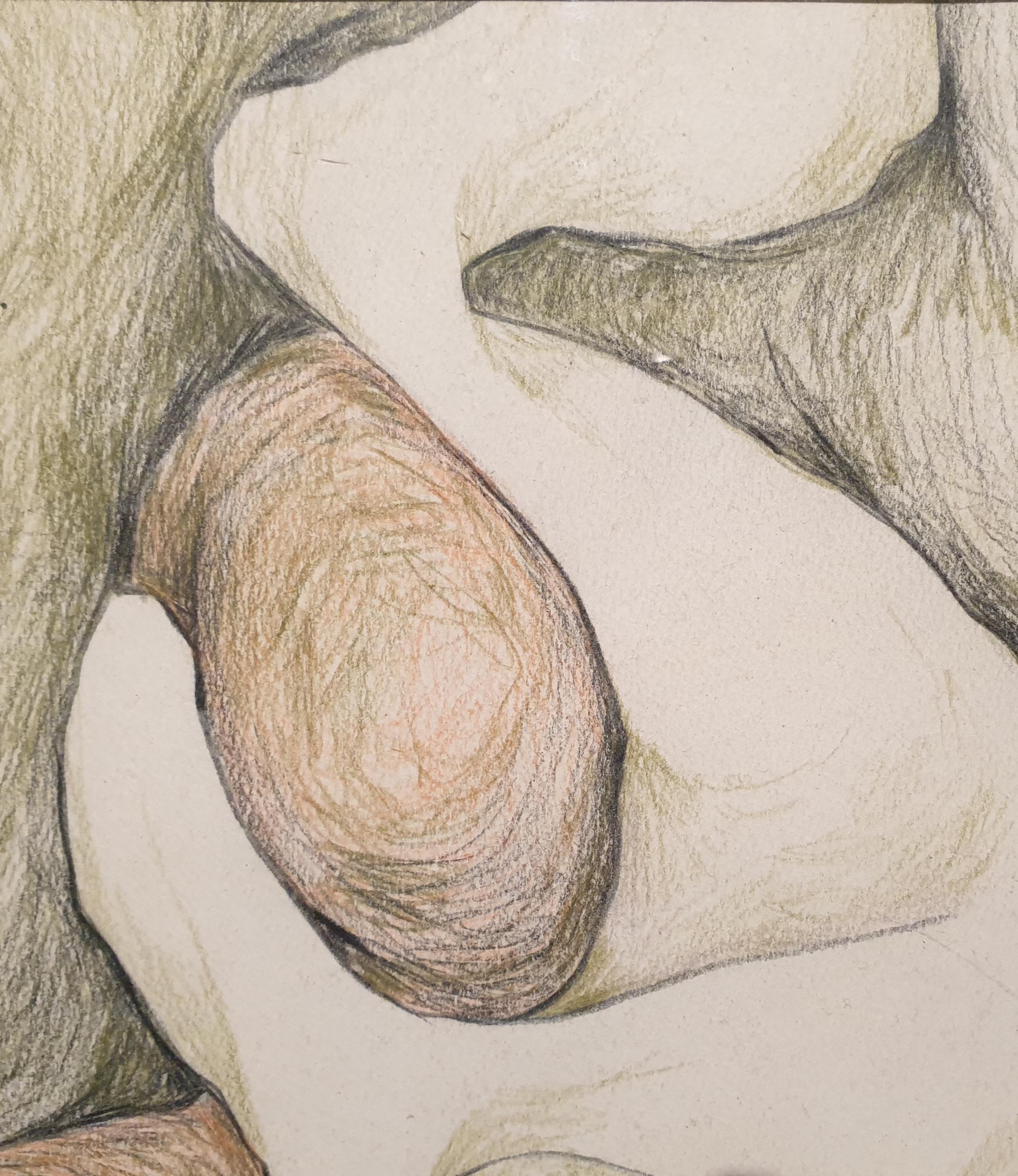 Dessin expressionniste abstrait coloré biomorphique au crayon. - Beige Abstract Drawing par André Pierret