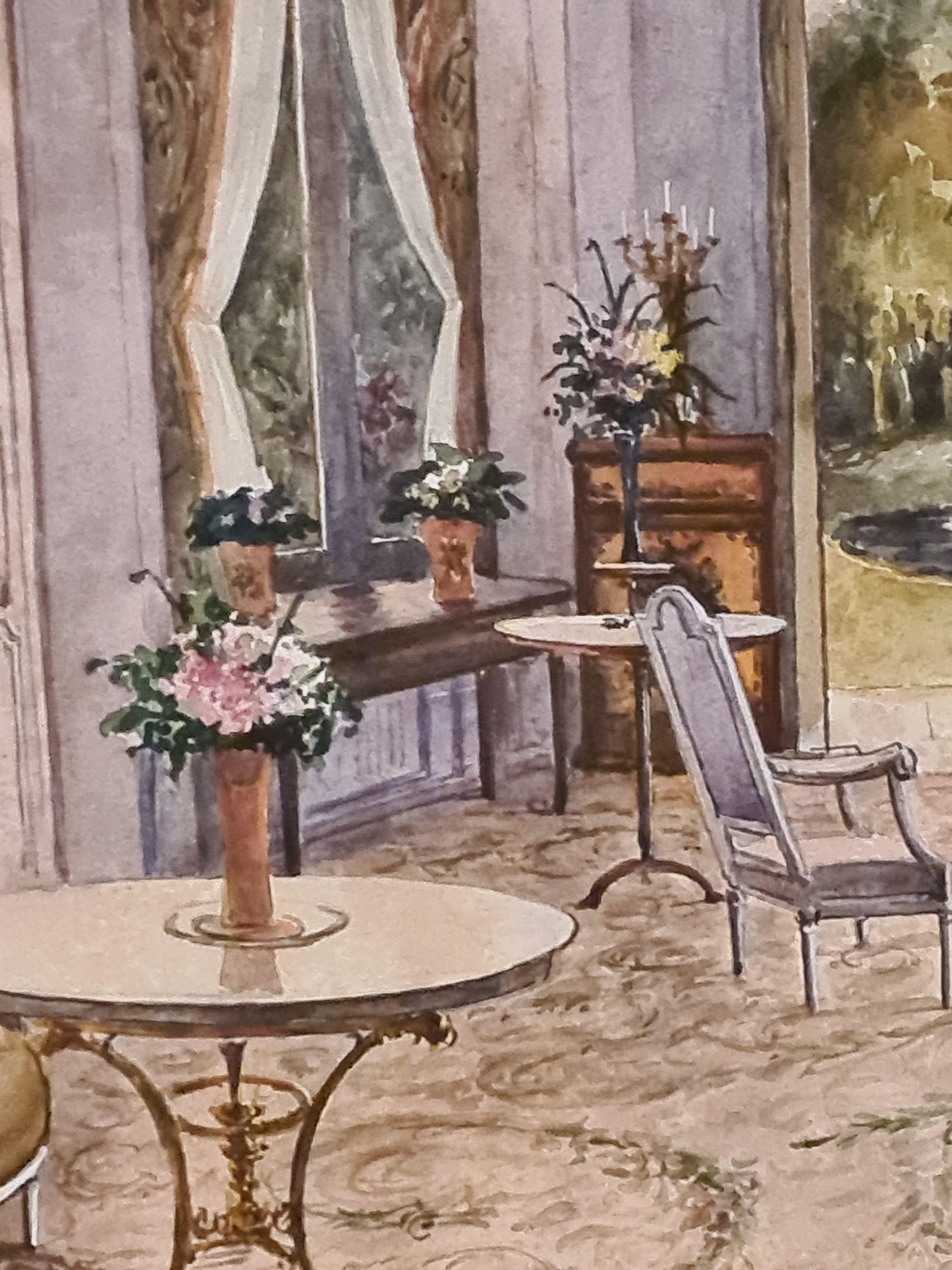 Interior Genre Scene Painting, Le Salon Français. - Brown Interior Art by Stanislav Yulianovich Zhukovsky