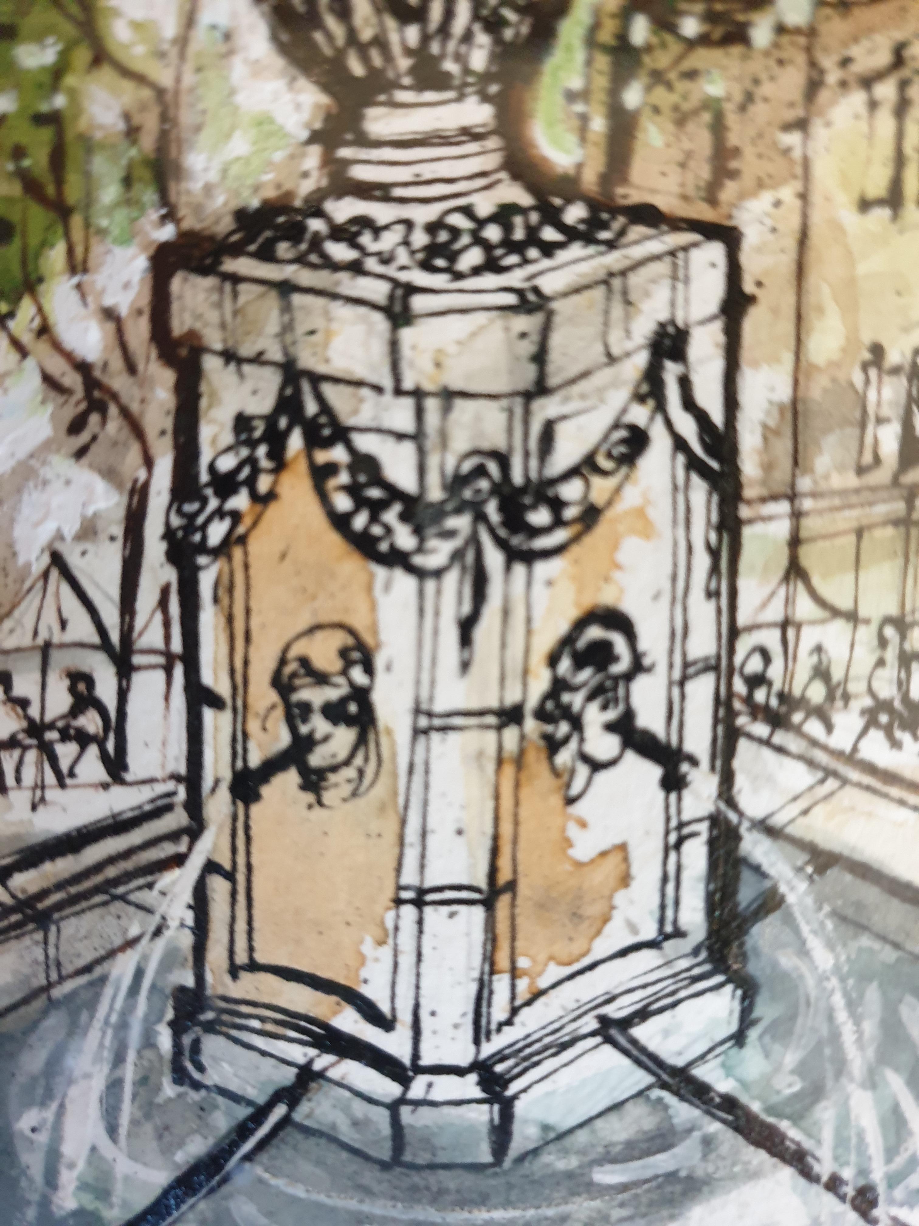 Ink and Watercolour of a Cotignac Fountain, Provence. Les Quatres Saisons. - Contemporary Art by Richard Swallow
